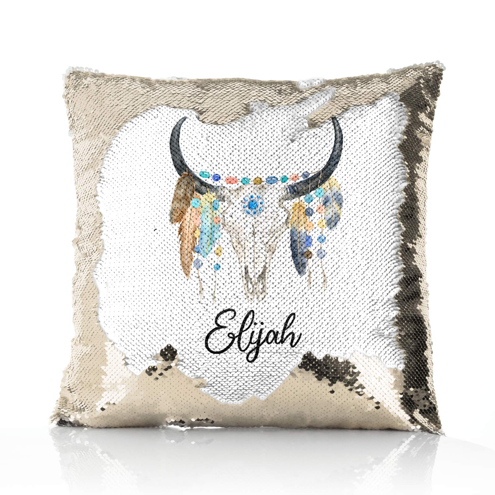 Hairyworm Personalised Cushion, Champagne, Silver, Blue, Red or Gold Squin Flip Square Cushion Customised with Initial/Name/Text, Cow Skull Feathers Design, Square Pillow