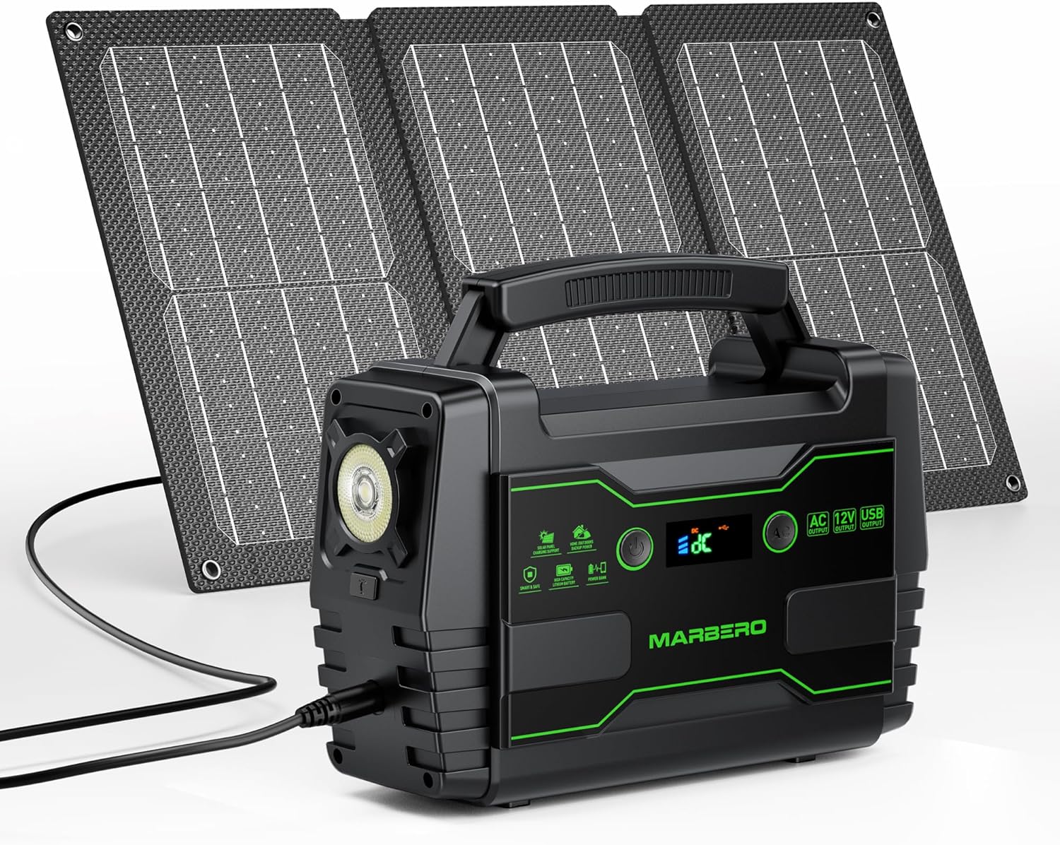 MARBERO Solar Generator 155Wh with 30W Solar Panel Portable Power Station with 2x 100W AC Outlets(Peak 150W), QC3.0 USB UL Certified for Home Blackout, Camping, RV Travel, Ultra-Light & Silent Fan