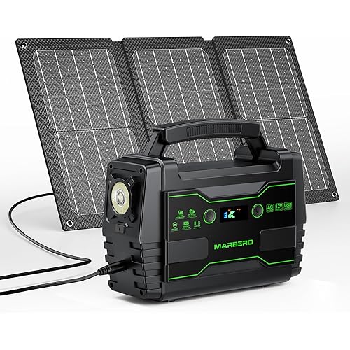 MARBERO Solar Generator 155Wh with 30W Solar Panel Portable Power Station with 2x 100W AC Outlets(Peak 150W), QC3.0 USB UL Certified for Home Blackout, Camping, RV Travel, Ultra-Light & Silent Fan