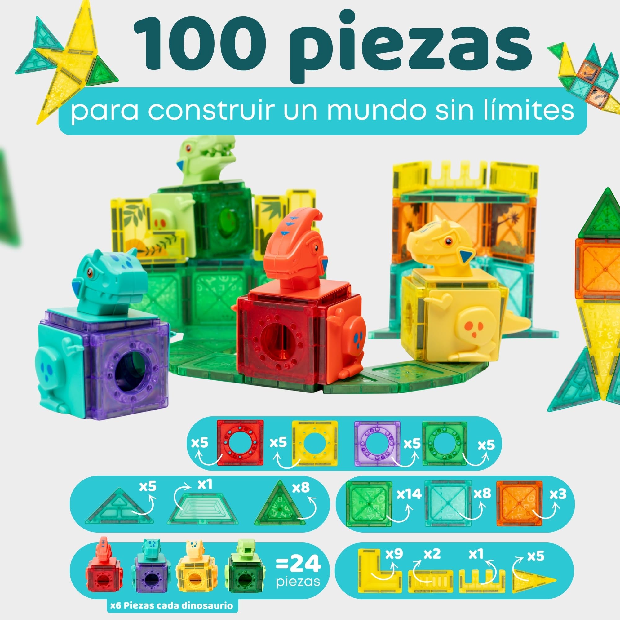 100 Piezas Magneticas para Niños – Bloques Magnéticos de Construcción con Figuras de Dinosaurios y Tiranosaurio Rex – Juego Imanes Niños 3 a 8 Años, Estimula Creatividad sin Pantallas