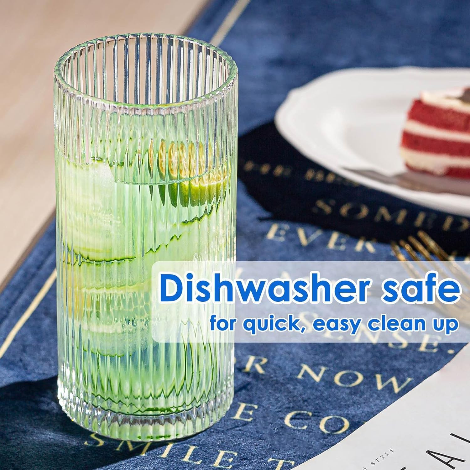 Vintage Drinking Glasses, Art Deco Collins Ribbed Cocktail Glasses, Set of 4 Origami Style Glass Cups, Highball Glasses, Elegant Ripple Glassware,Ribbed Glasse for Cocktail, Whiskey, Juice - Image 3