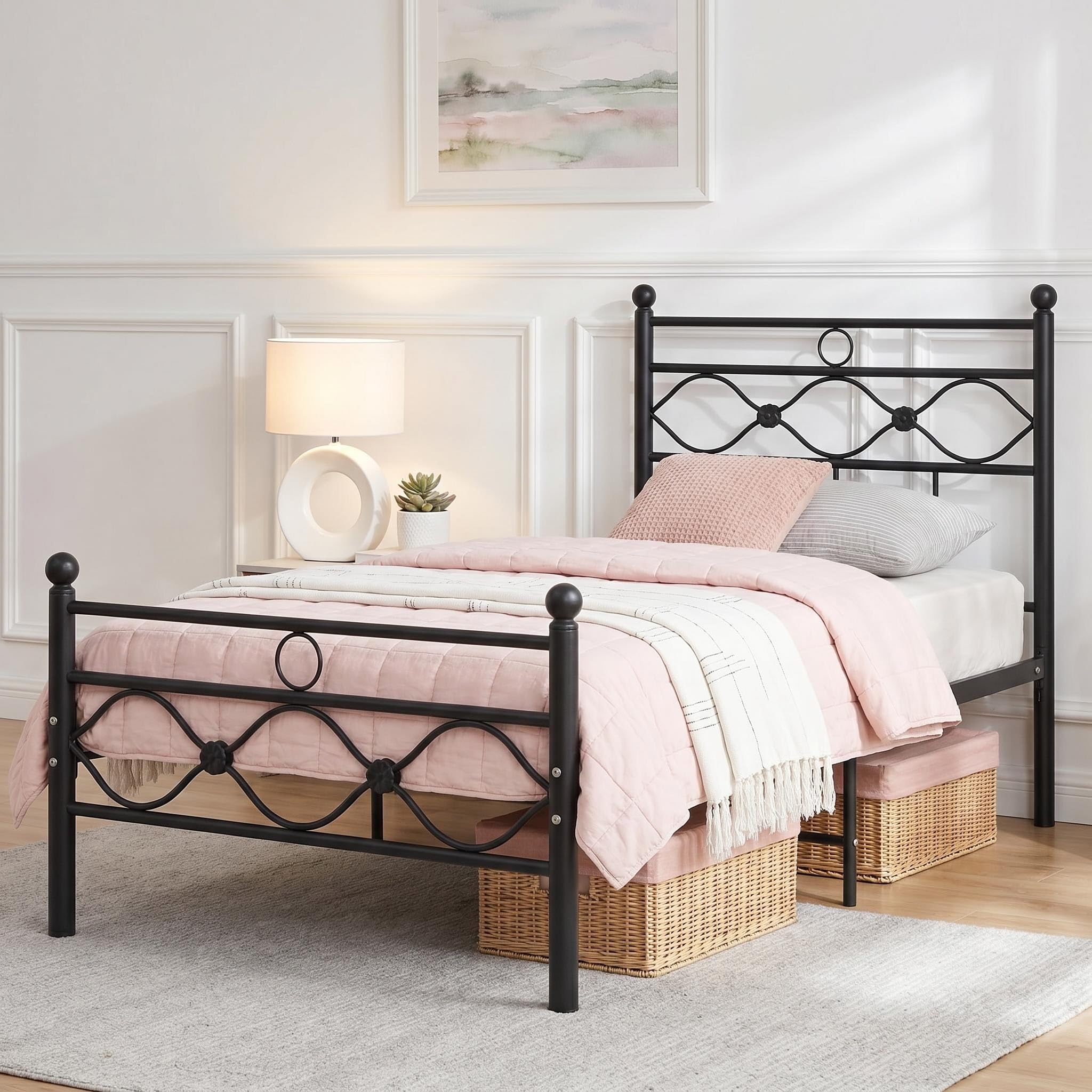 Panana Single Metal Bed Frame,90 x 190cm,3FT Platform Bed with 28cm Under Bed Storage,Modern Luxury Solid Bedstead for Guest Room,Bedroom (Black)