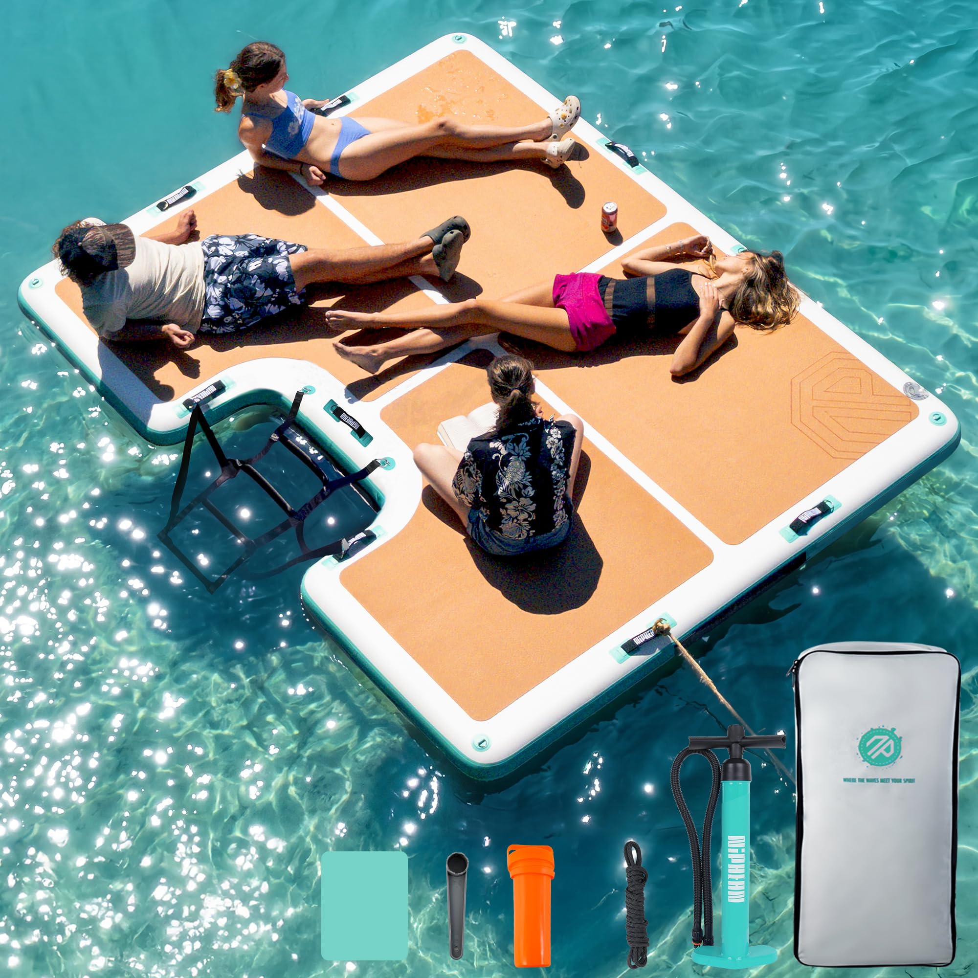 Niphean Schwimmdock Aufblasbar, rutschfeste Schwimminsel Mit Leiter & 9 Griffen, Stabile Aufblasbares Schwimmdock Für Seen, Langlebige Familieninsel, Tragetasche, 243×183/305×243 cm