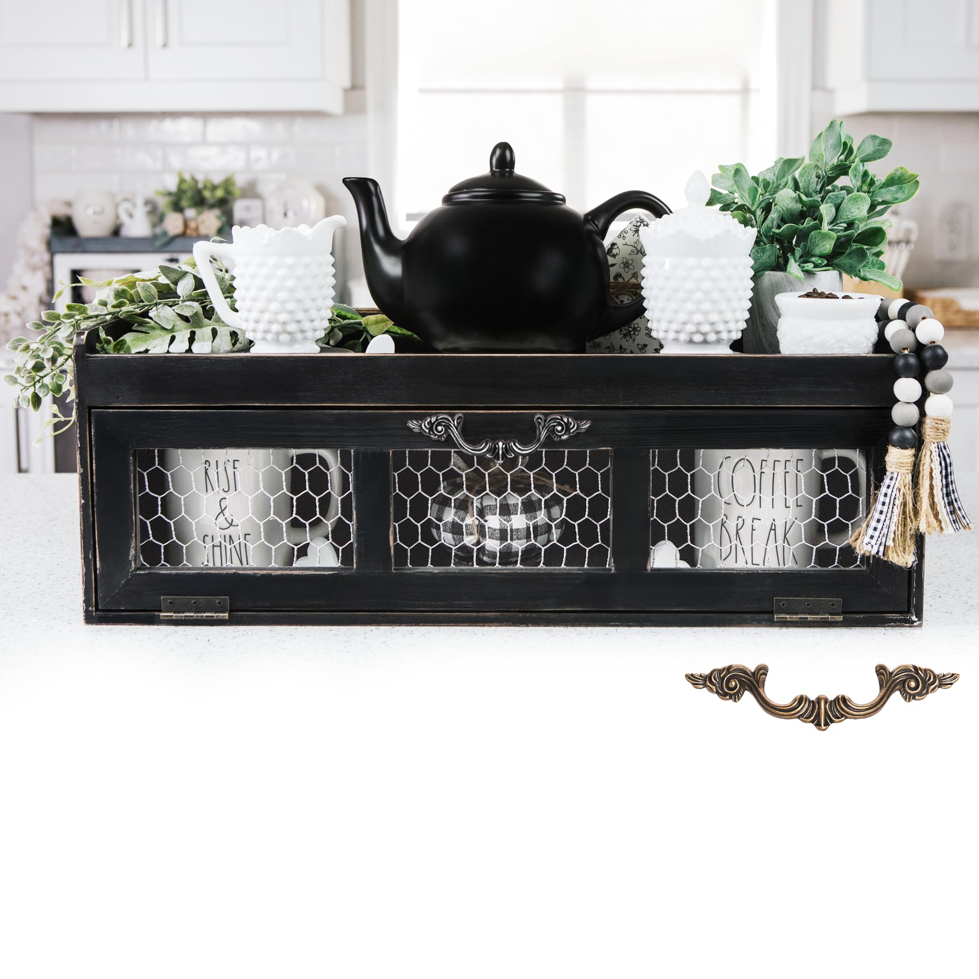 Felt Creative Home Goods Farmhouse Chicken Wire Countertop Shelving Organizer, Decorative Kitchen Pantry Storage Cabinet, Rustic Counter Storage Display, Country Kitchen Island Decor (Black)