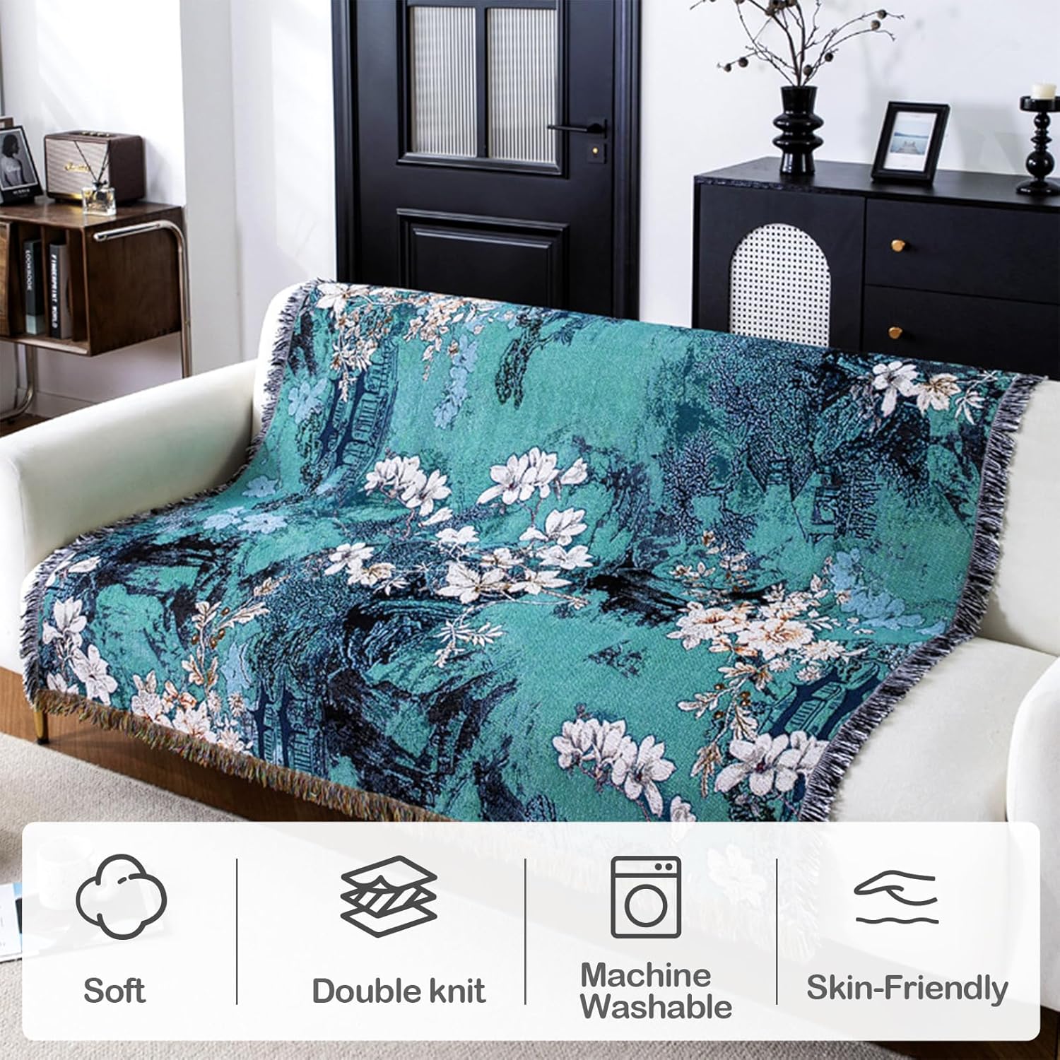 Snycler New Chinese Style Throw Blanket for Bed 50 * 60inch Woven Blanket Cotton Polyester Farmhouse Decor for Indoor Outdoor Sofa Bedroom Garden，All Season - Image 6