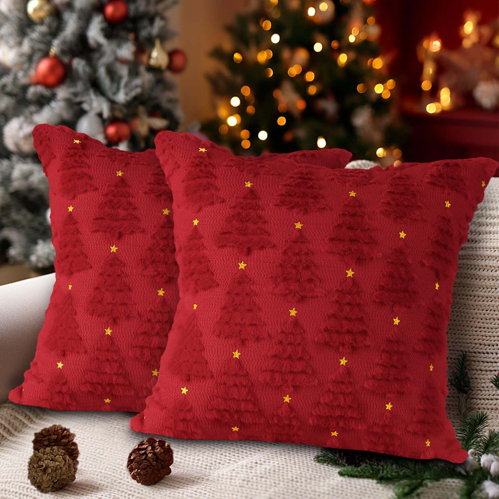 Lanpn Christmas 45x45 Throw Pillow Covers Set of 2, Winter Star Christmas Tree Throw Pillow Cases Soft Plush Faux Fur Wool 18 x 18 Winter Cushion Cover for Indoor Home Bedroom Couch Sofa Decor (Red)