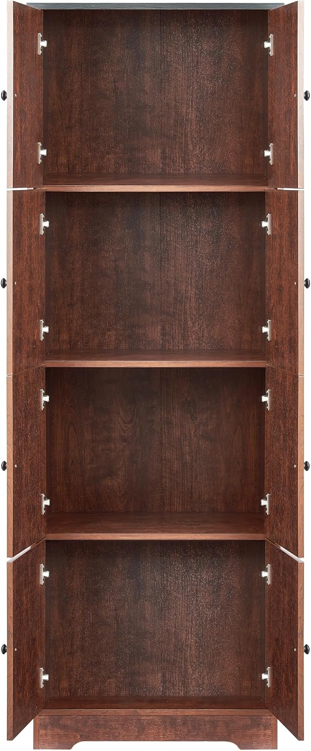 72.4" Kitchen Pantry, Tall Storage Cabinet with 8 Doors and 4 Shelves, Wall Storage Cabinet for Kitchen, Living Room, Dining Room, Walnut