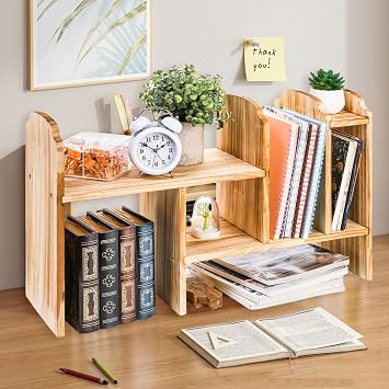WRINGKIT Adjustable Desktop Storage, Wood Display Bookshelf with 7 Compartments, Expandable Desk Shelf Hutch, Office Storage Rack for Desk Table Storage and Organization