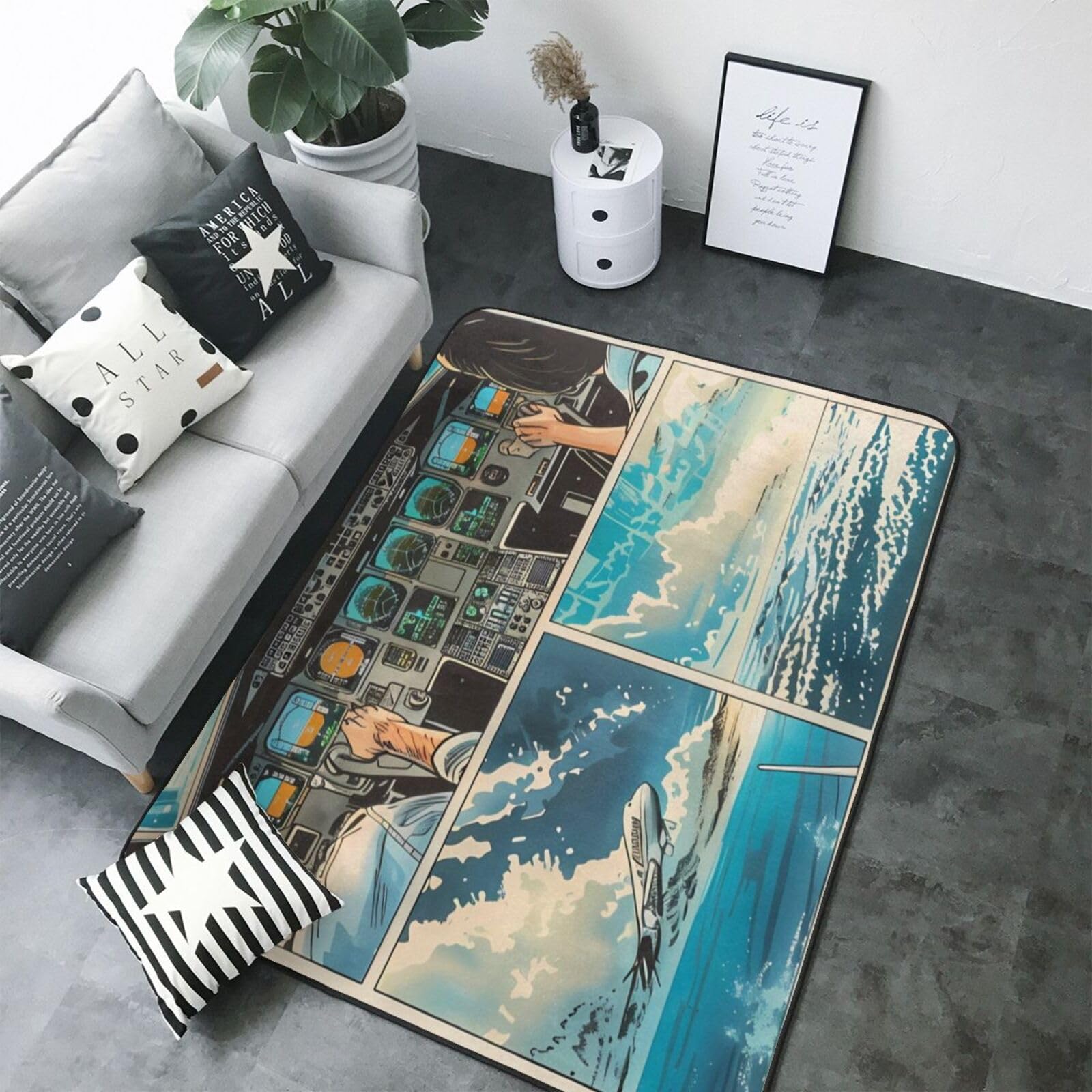 Tapis doux lavable en machine style bande dessinée cockpit avion