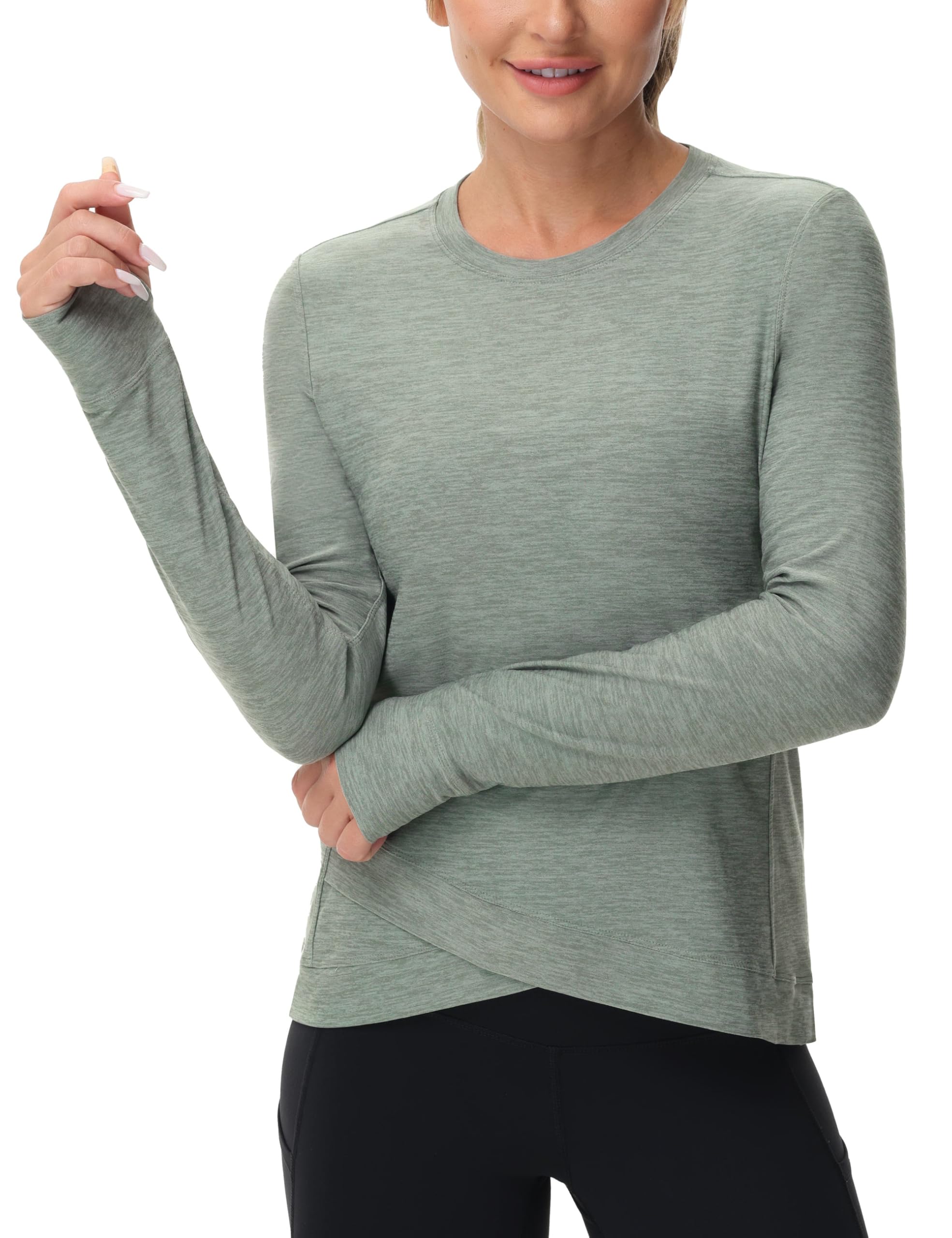 Women's Long Sleeve Compression Shirts Workout Tops Cross Hem Athletic Running Yoga T-Shirts with Thumb Hole