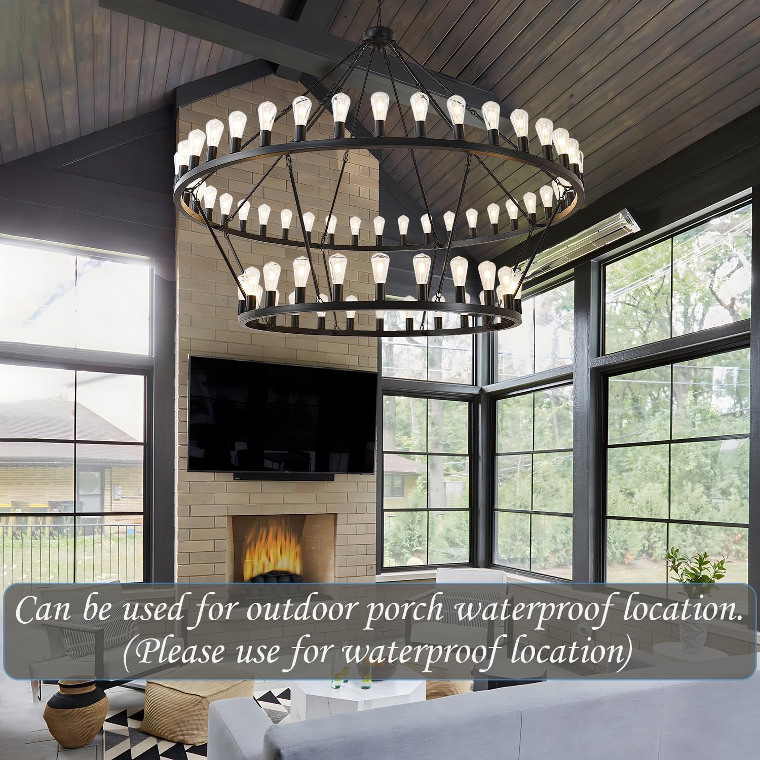 70 Inch Black Extra Large Wagon Wheel Chandelier, 2 Tier 64-Lights Farmhouse Industrial Round High Ceiling Pendant Light Adjustable Chain, for Dining Room, Living Room