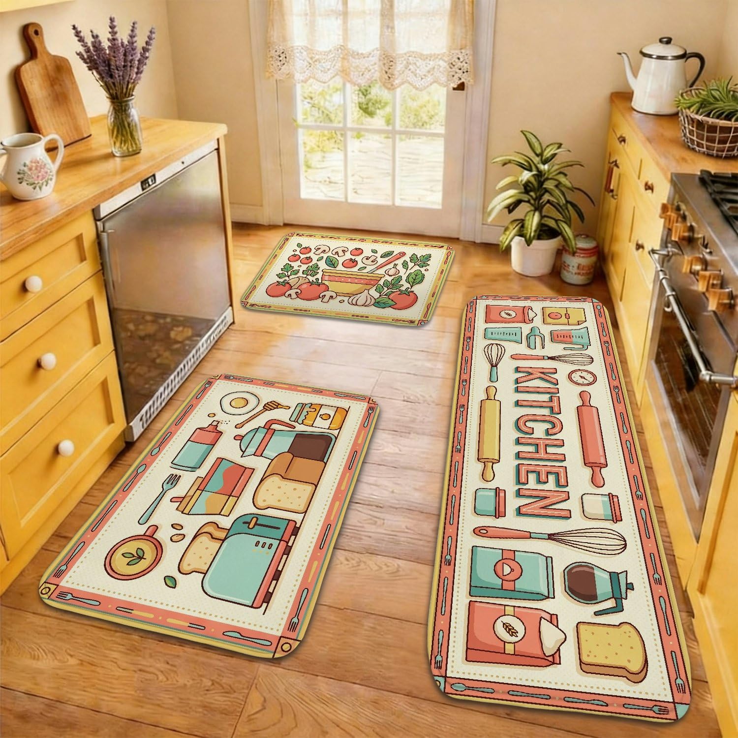Tapis de cuisine rétro vintage lavable et ultra doux lot de 3