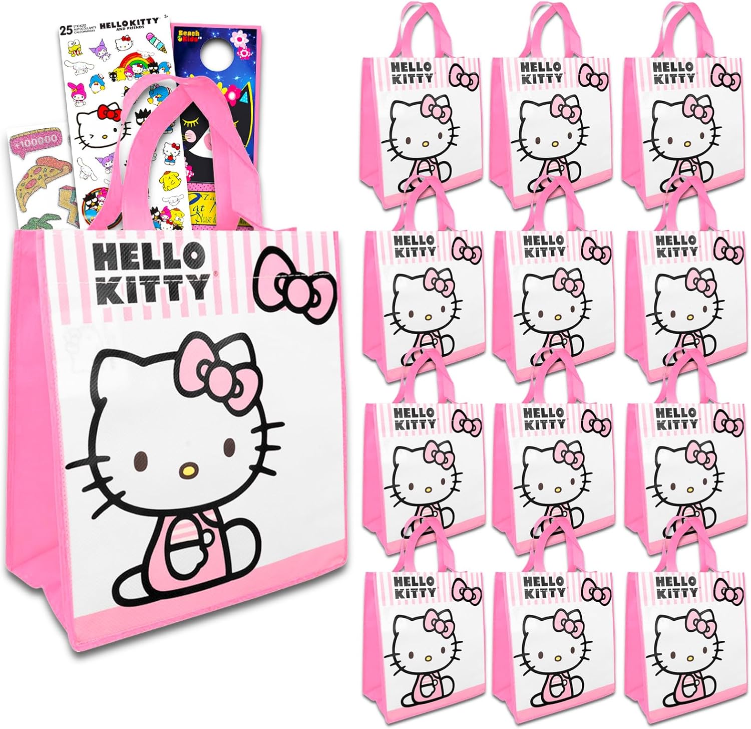 Hello Kitty Mini Party Favor Bag Set - Bundle with 12 Reusable 8" Hello Kitty Totes, Tattoos, Stickers and More | Birthday Party Supplies