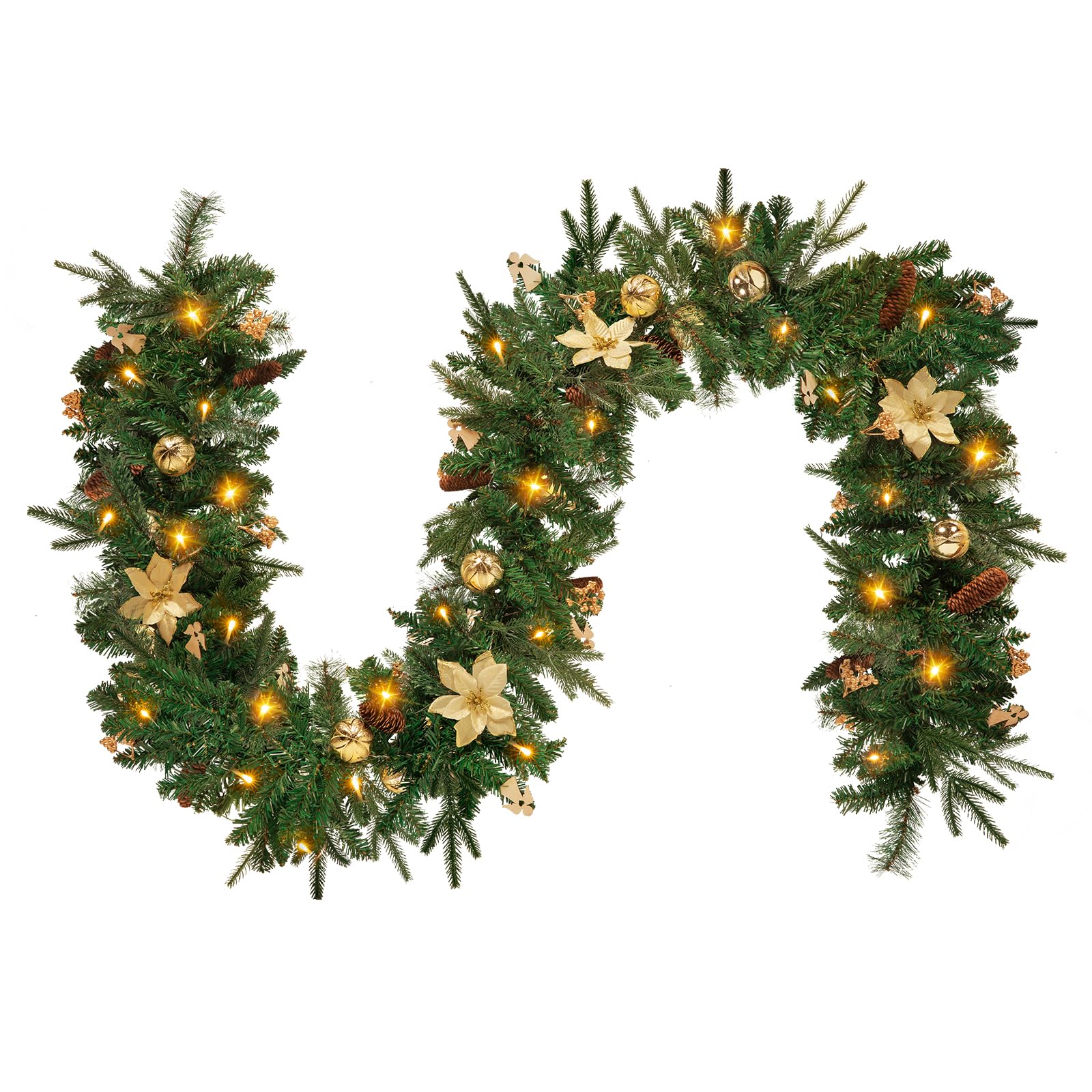 NALONE Pre-Lit Christmas Garland with Lights and Timer, 106 Inch Garland Christmas Decorations, Battery Operated Xmas Garland with Pinecones, Balls and Ornaments for Stairs Wall Door Porch (Gold)