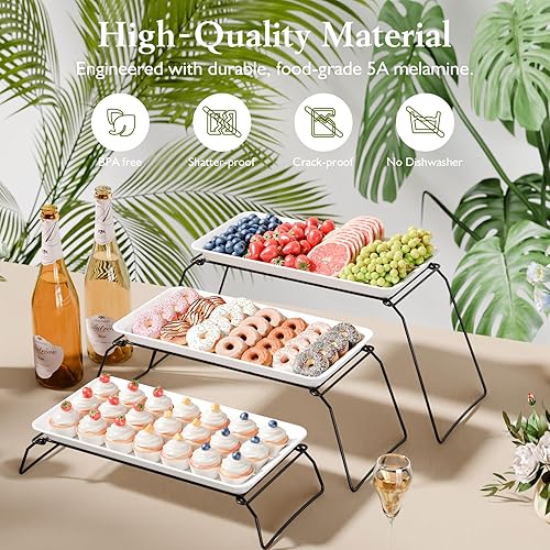 Miniatura 2 de Juego de bandejas de melamina extra grandes de 3 niveles y soporte para cupcakes para eventos de fiesta, platos de 17 pulgadas con soporte