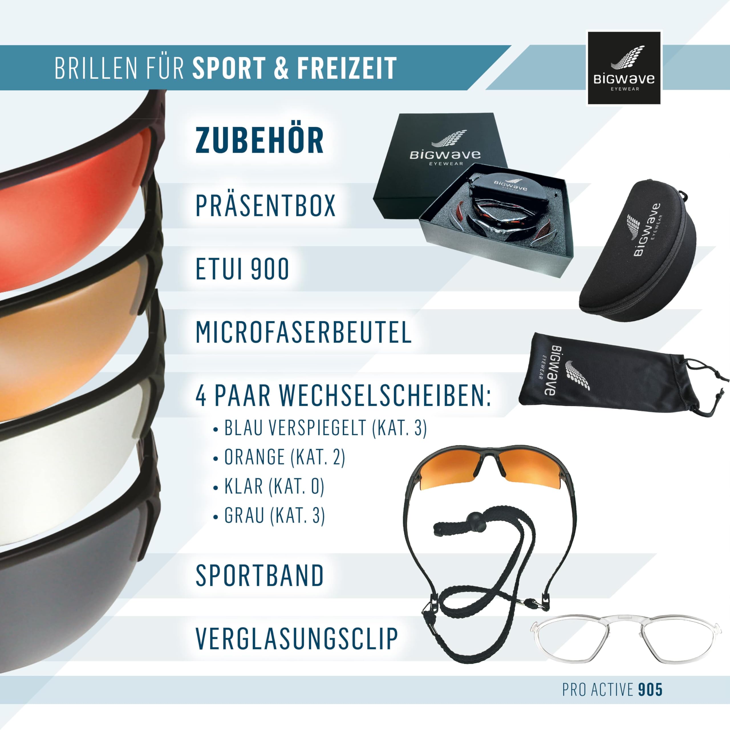BIGWAVE Pro-Active 905 – Superentspiegelte Premium UV 400 Sportbrille mit 4 Wechselgläsern–Radsportbrille mit schmutzabweisender Clean-Coat Beschichtung für Damen und Herren