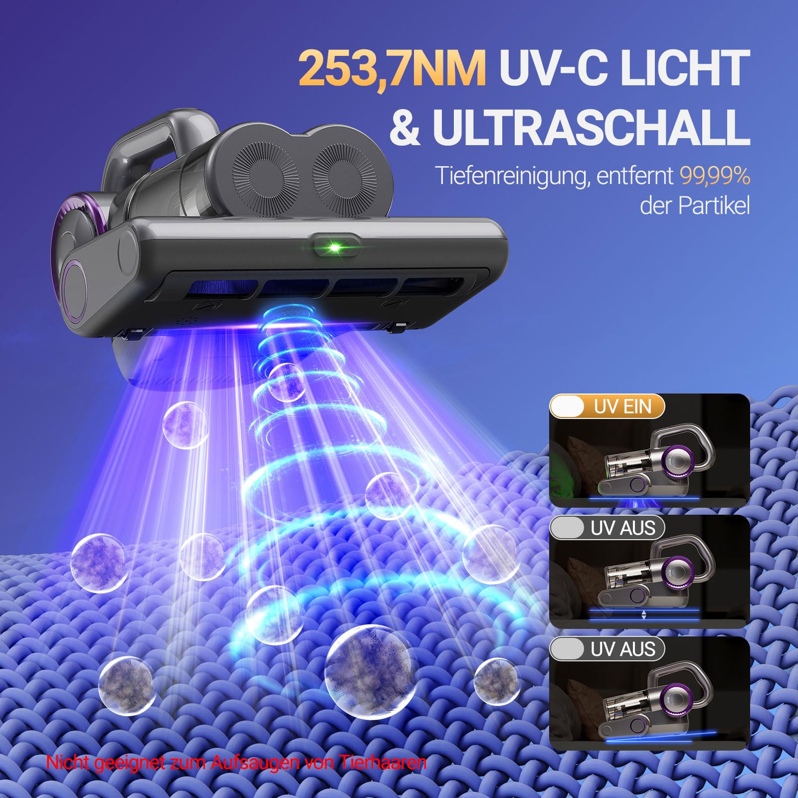 FEPPO Milbensauger für Matratzen, 16Kpa mit UV-C-Licht, HEPA-Filter, 500W, kabelgebunden
