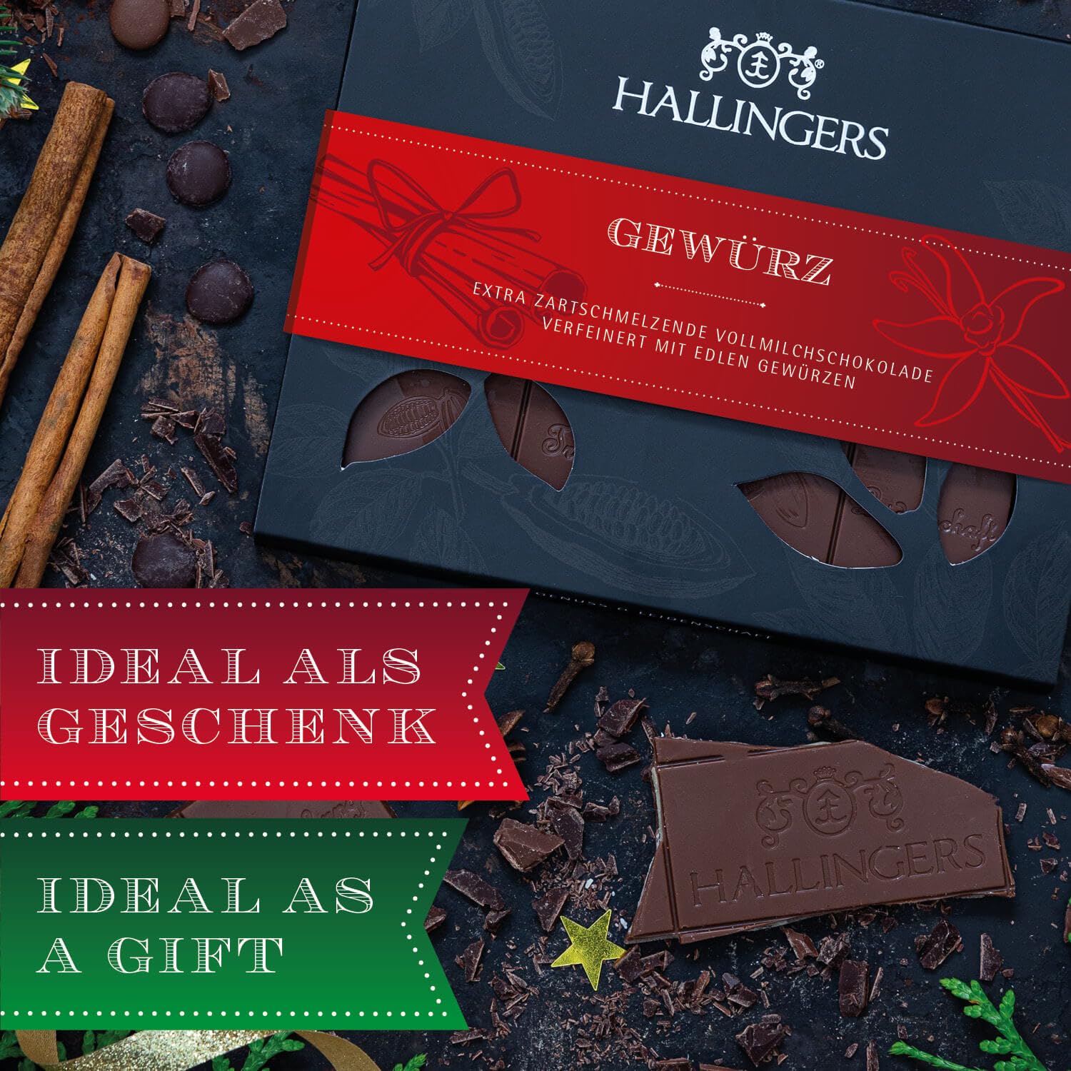 Hallingers Genuss Manufaktur Schokolade Weihnachts-Geschenk - Tafel Edelkakao handgeschöpft ohne Alkohol edler Karton 10x "Gewürz" Xmas-Gewürze, Weihnachten für Frauen Männer