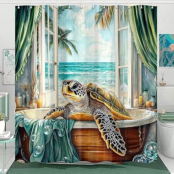 Sea Turtle Shower Curtain, Summer Teal Blue Ocean Beach Tropical Decorative Bathroom Curtain, Cute Sea Turtle in Bathtub Nautical Farmhouse Fabric Bath Curtain Decor Accessories with Hooks, 70X70IN