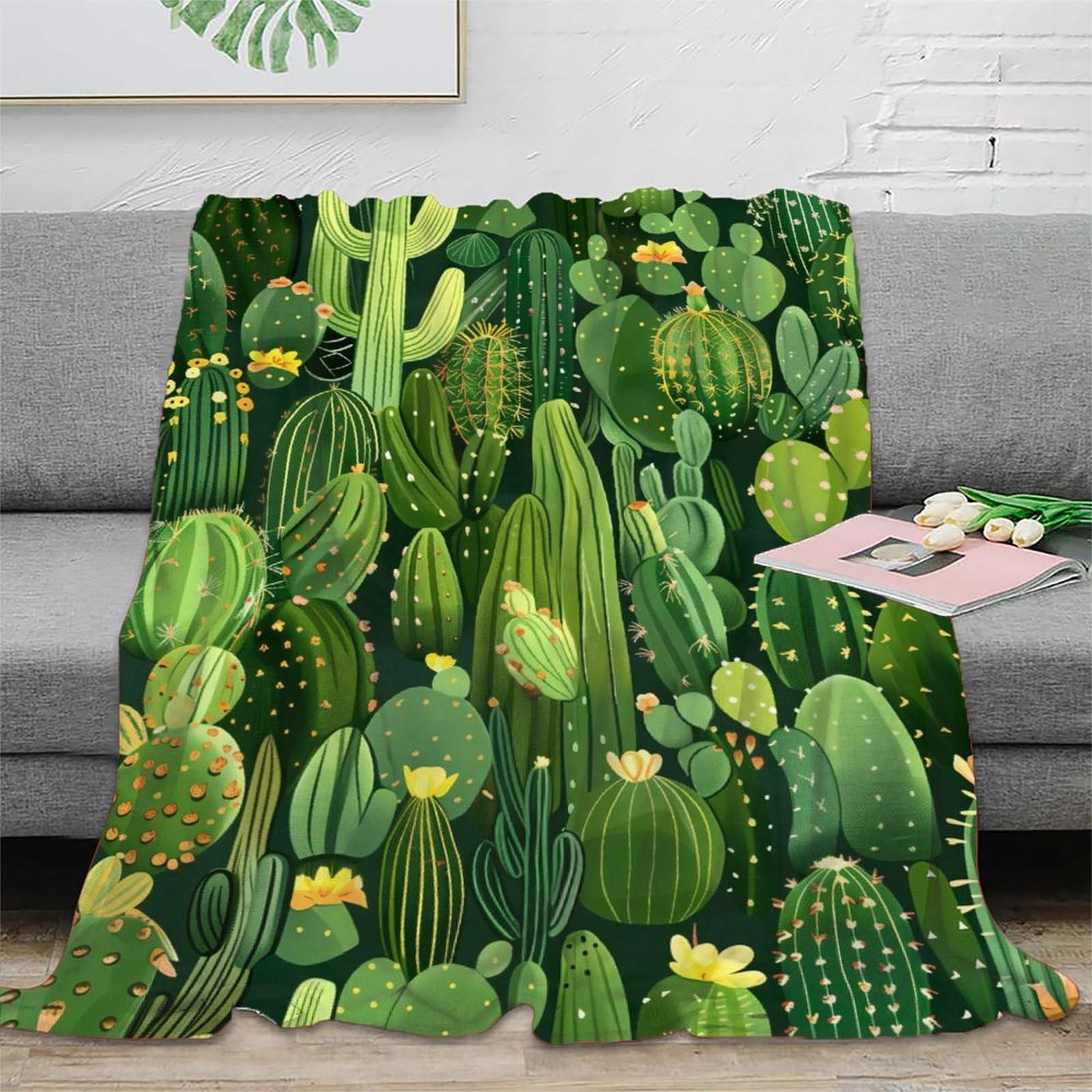 Flkzrndp Xu5qes1l9mmp 3D Printed Cactus Pattern Lounge Throw Microfiber Soft Warm Bedding Breathable Botanical Illustration Living Room Throw For Colleagues Mentors Office Workers 50X60inch(127X152cm)