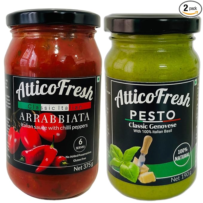 Traditional Green Pesto Pizza Pasta | Arrabbiata Spicy Pizza Pasta Sauce Gluten Free, No Added Preservatives, Colors & Flavours - Ready to eat - Healthy - Pack Of 2 (190 g & 375 g)