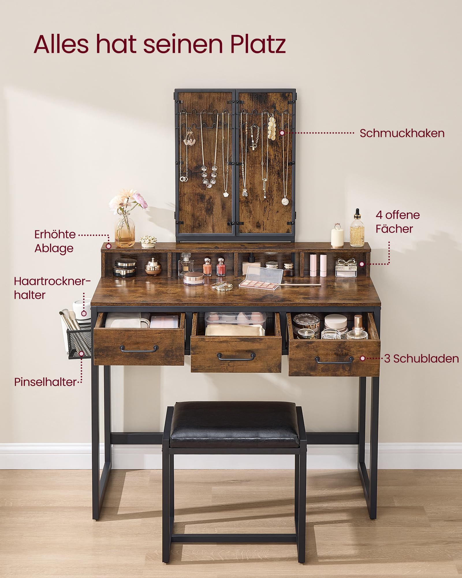 VASAGLE Doppel-Unterschrank-Set mit gepolstertem Hocker, Schminktisch mit Dreispiegel, 3 Schubladen, Haartrockner, Schminktisch, industrieller Stil, rustikal braun und schwarz RVT004B01