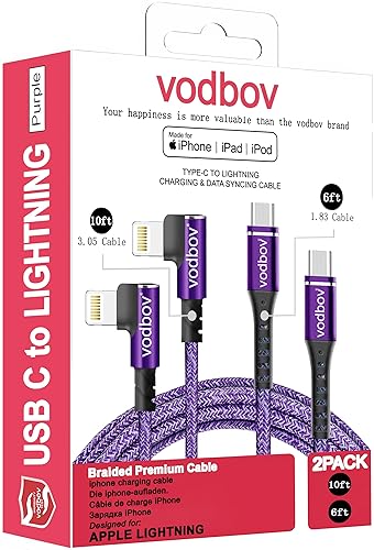Cargador de iPhone de carga rápida, ángulo recto, paquete de 2 cables trenzados USB-C a Lightning de 10 pies y 6 pies, certificado MFi de 90 grados,
