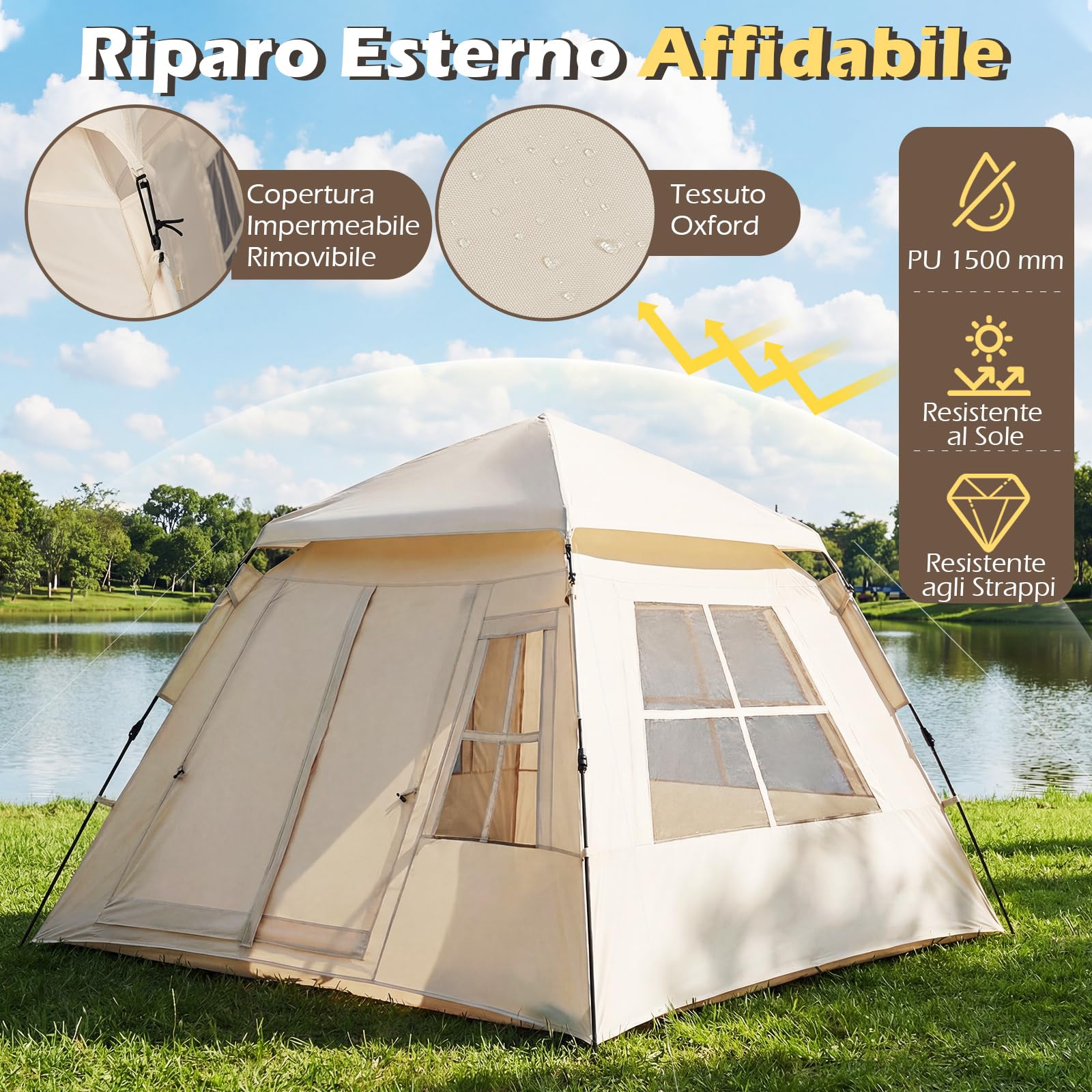COSTWAY Tenda da Campeggio per 3-4 Persone, Tenda da Spiaggia Protezione Solare con Copertura Antipioggia Rimovibile, 2 Porte, 4 Finestre Traspiranti e Borsa per il Trasporto, Facile Installazione