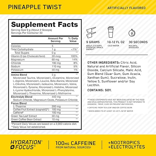 Vista 2 de Optimum Nutrition Amino Energy Plus Electrolytes - Bebida energética con aminoácidos y electrolitos para hidratación, sin azúcar, con BCAA, sabor a