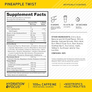 Optimum Nutrition Amino Energy Powder Plus Focus, Pineapple Twist, 9.5 Oz