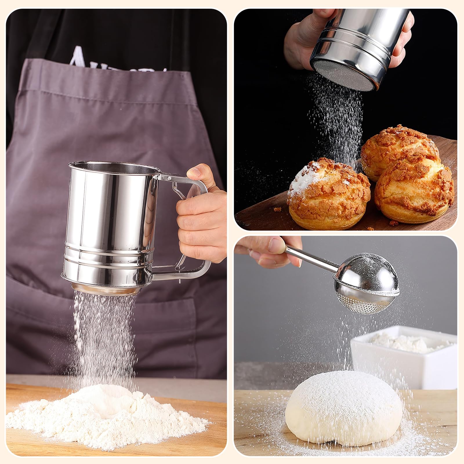 4 in 1 Mehlsieb Edelstahl, 5 Tassen Mehlsieb zum Backen, Sieb zum Backen mit Puderzucker Staubwedel Set, Mehlstreuer Staubwedel zum Backen von Kuchen, Torten, Gebäck, Desserts und Cupcakes