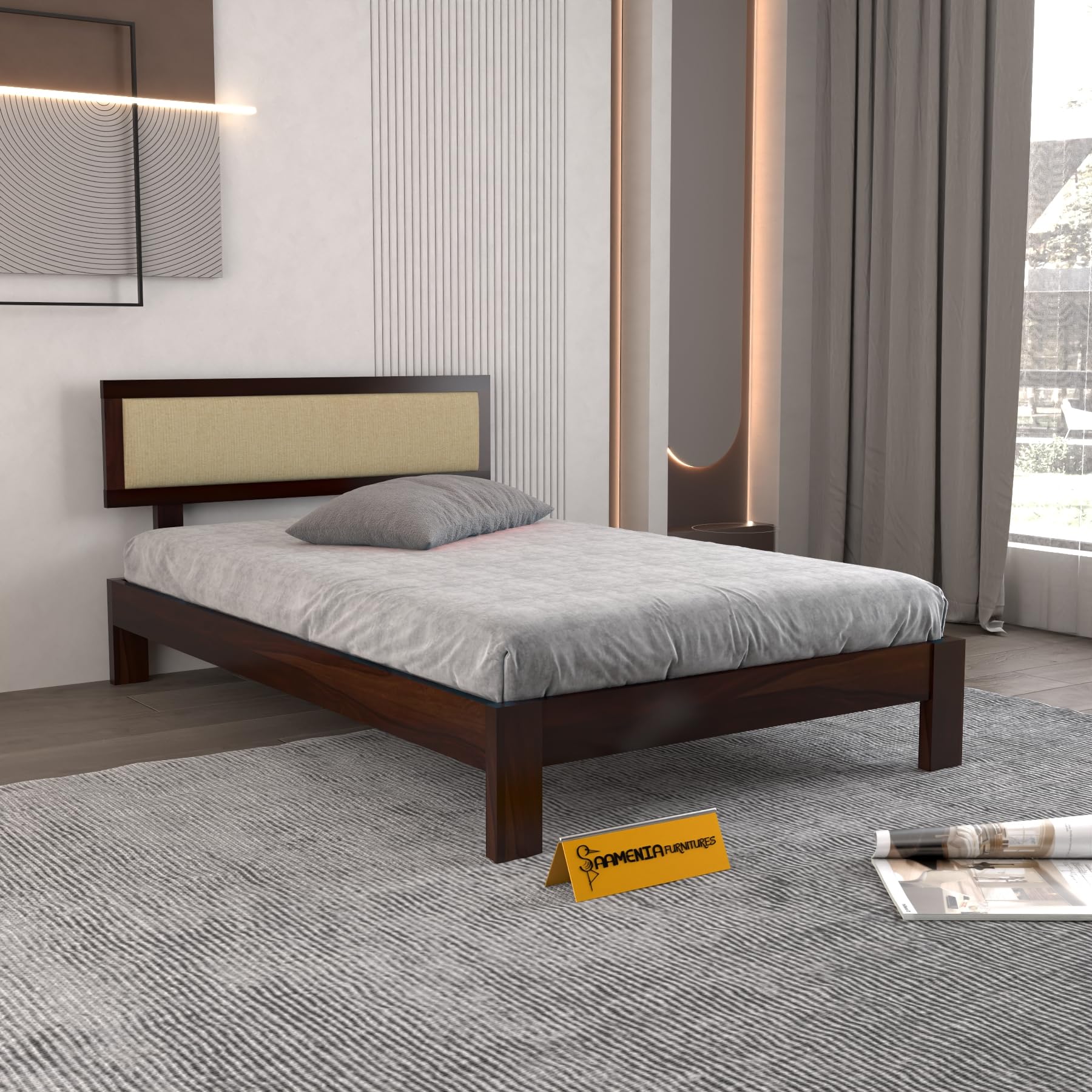 Divine Living Solid Sheesham Wood Single Bed Without Storage for Bedroom | Single Size Wooden Cot with Upholstered Headboard | Modern Platform Divan Bed for Home, Guest Room & Hostel (Walnut Finish)-picture-35
