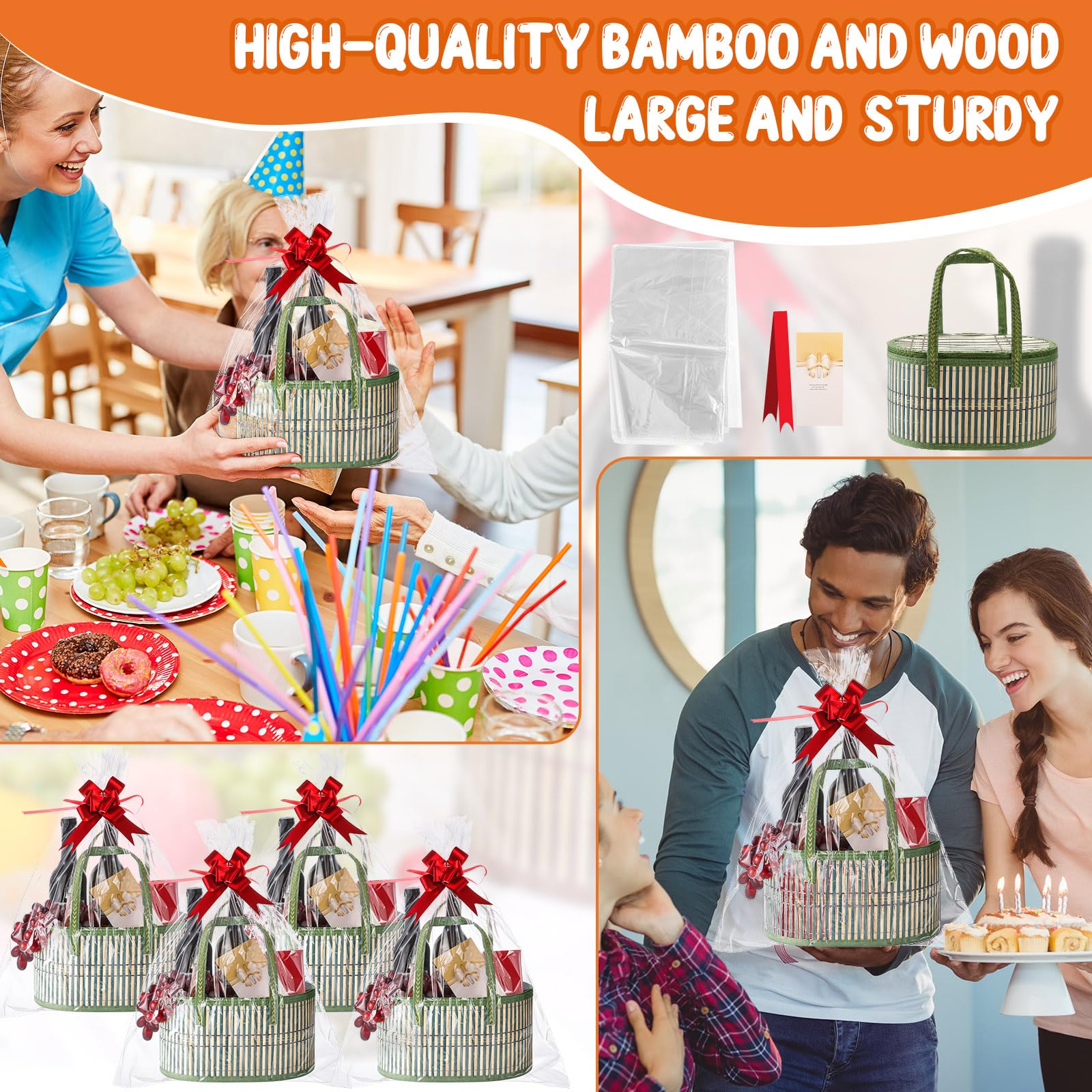 Tioncy Set di 6 cesti regalo vuoti grandi in bambù intrecciato, kit con manici, cesti in cellophane trasparente per baby shower, feste di compleanno, sacchetti regalo per biglietti (verde)