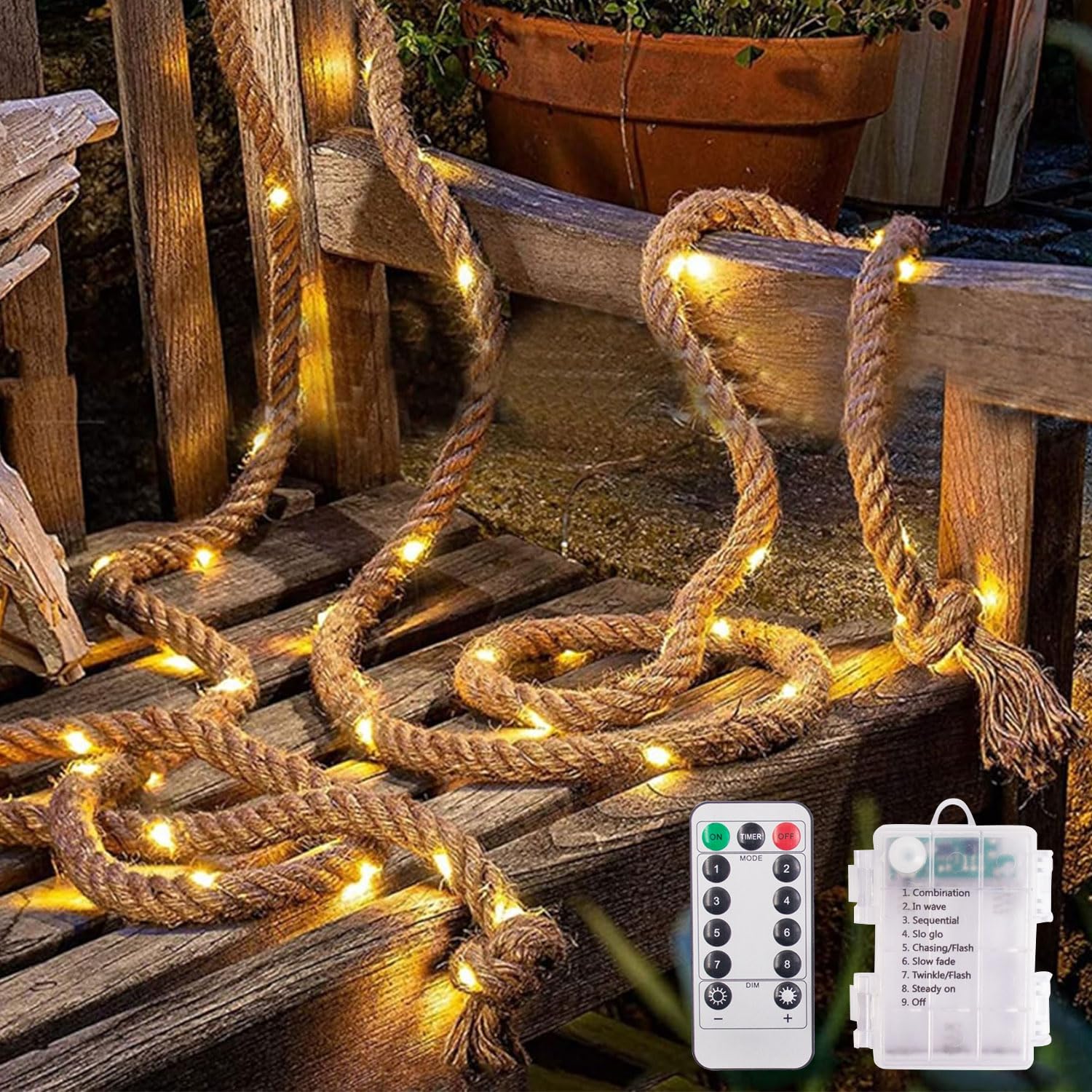 LED Hanfseil Lichterkette,3M 50LED Batteriebetrieben,8 Modi Seil Lichterkette Innenbereich von mit Fernbedienung, Hanfseil Lichterkette Seil Licht für Weihnachten, Party, Hochzeit, Garten Deko
