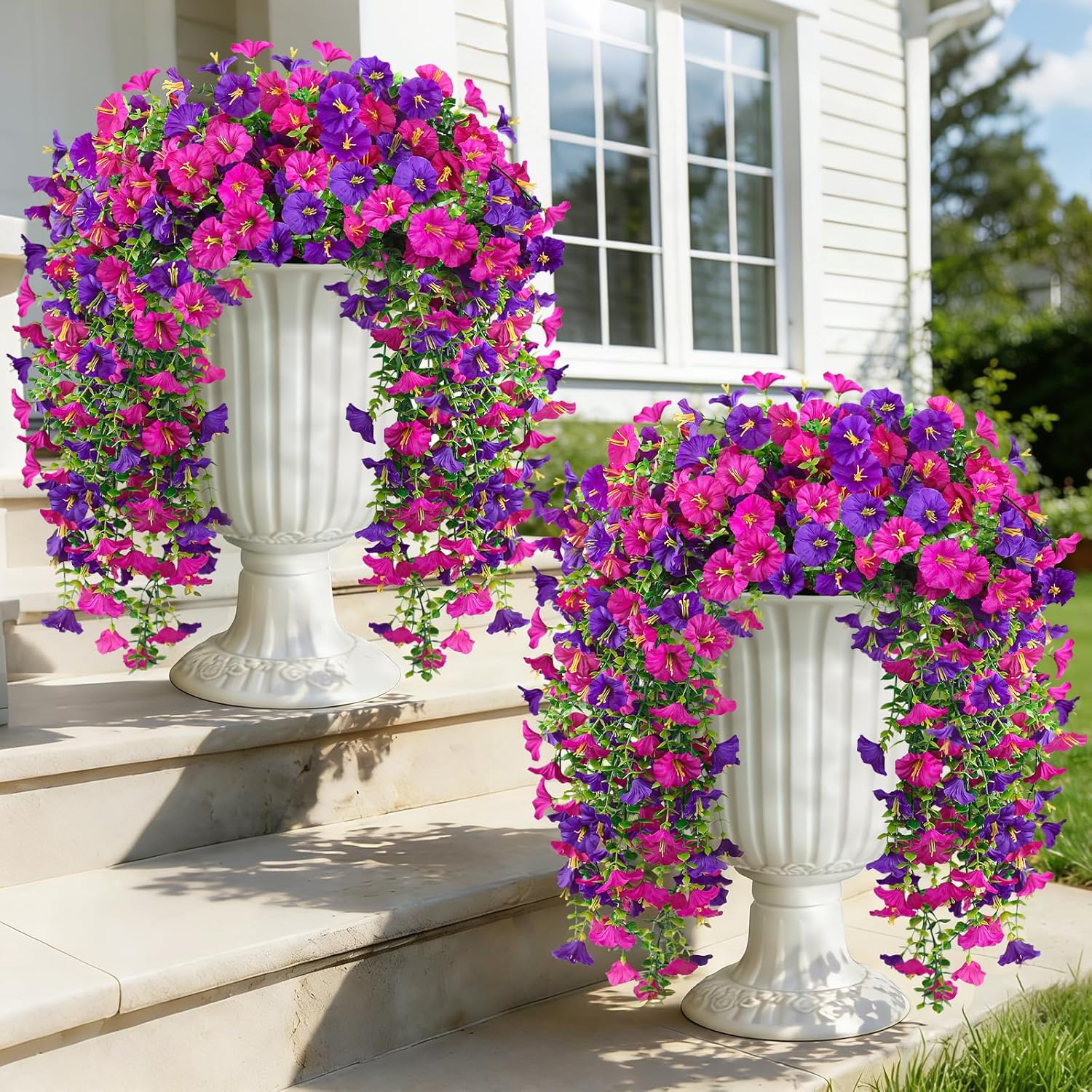 4PCS Artificial Hanging Flowers for Outdoors, 600 Blooms UV Resistant Morning Glory Vine Fake Flowers with Eucalyptus, Realistic Silk Faux Hanging Plants Decorations for Outside (Purple and Lotus)