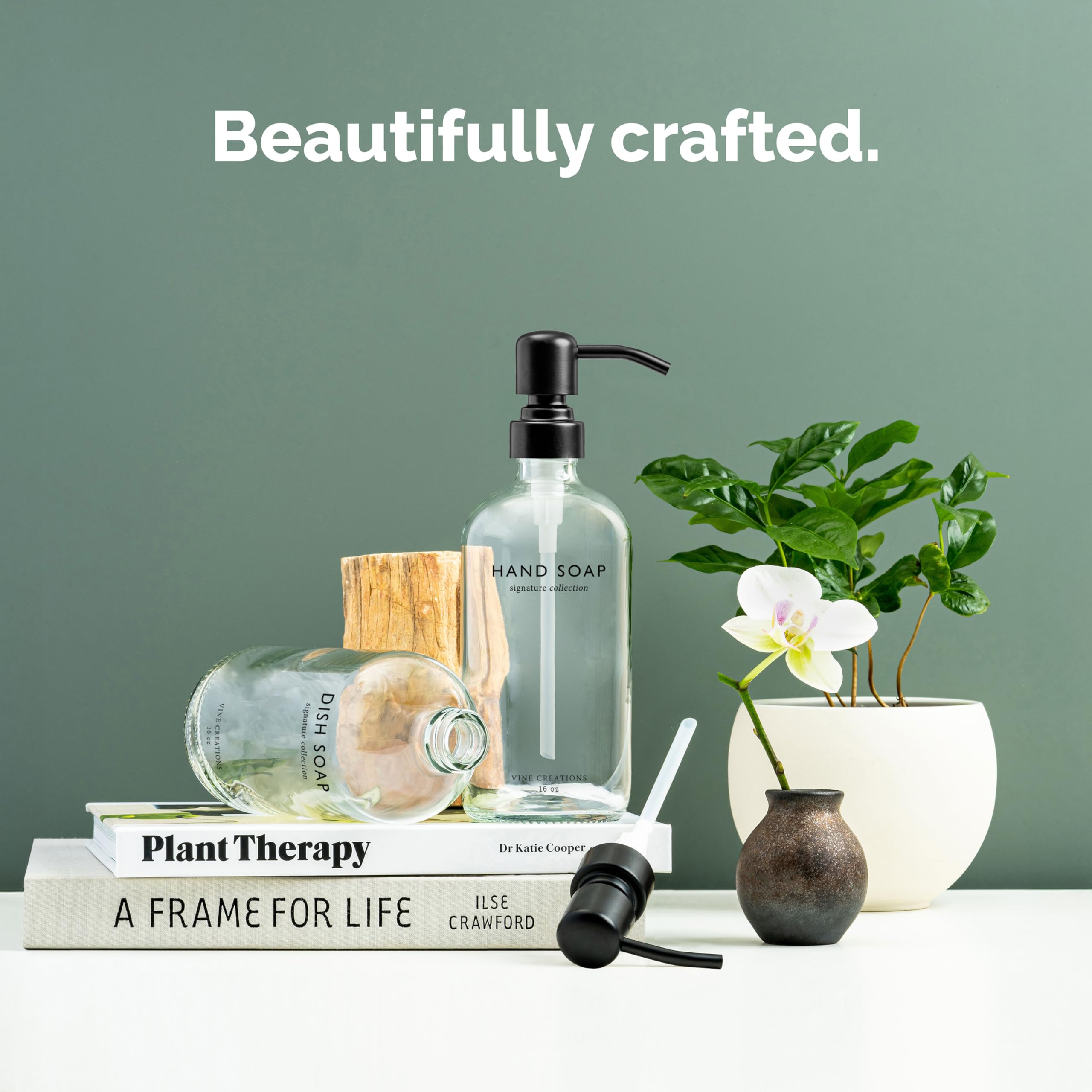 Vine Creations Dispenser di sapone in vetro trasparente, set di dispenser di sapone e sapone per le mani con pompa in acciaio inox, dispenser in vetro da 16 once per decorazione cucina e bagno