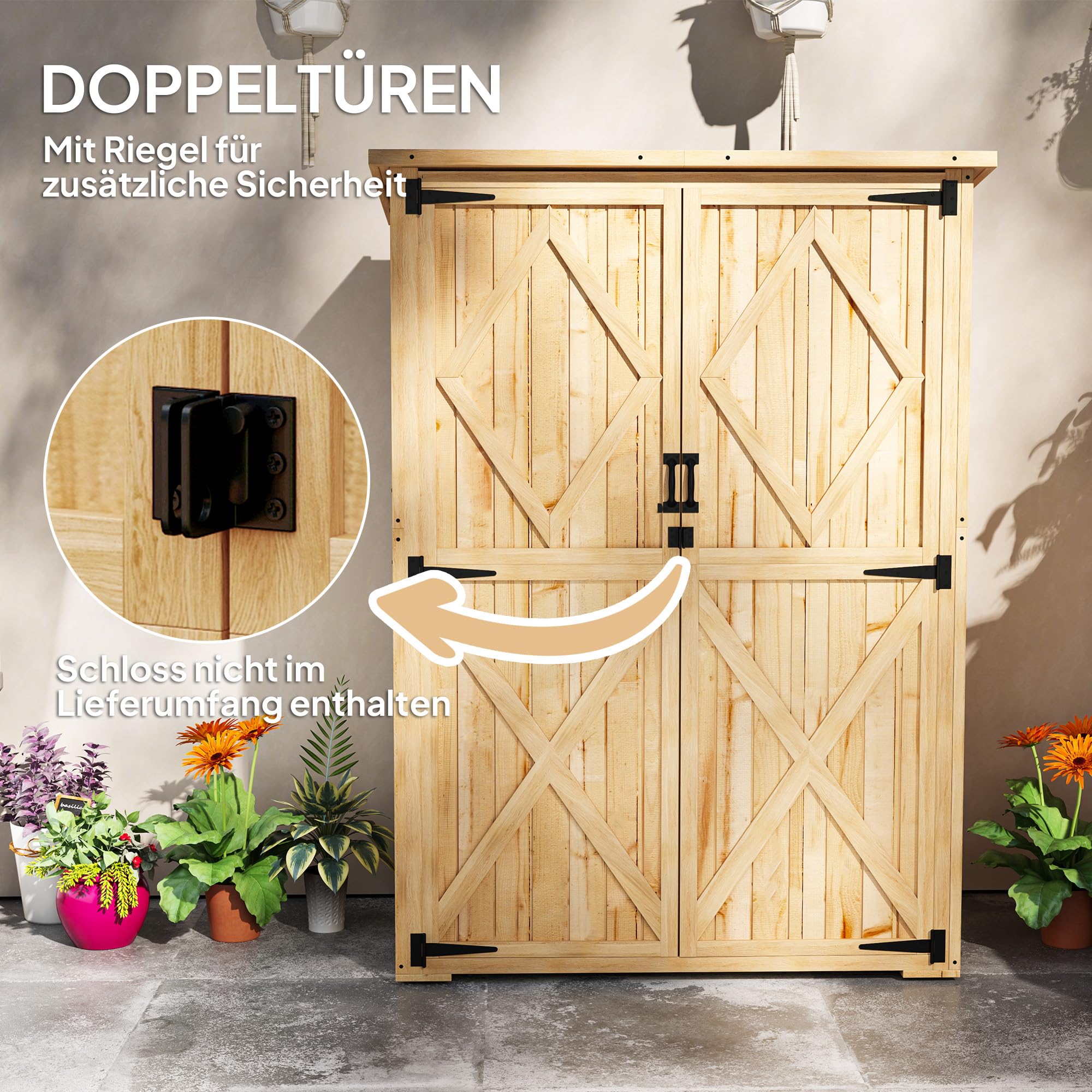 Outsunny Gartenschrank Holz Abschließbar 116,5x57x167cm Naturholz | Geräteschuppen mit Ablage, Doppeltür, Asphalt-Dach, Wetterfest, Geräteschrank, Gerätehaus Gartenschuppen, Für Garten Terrasse