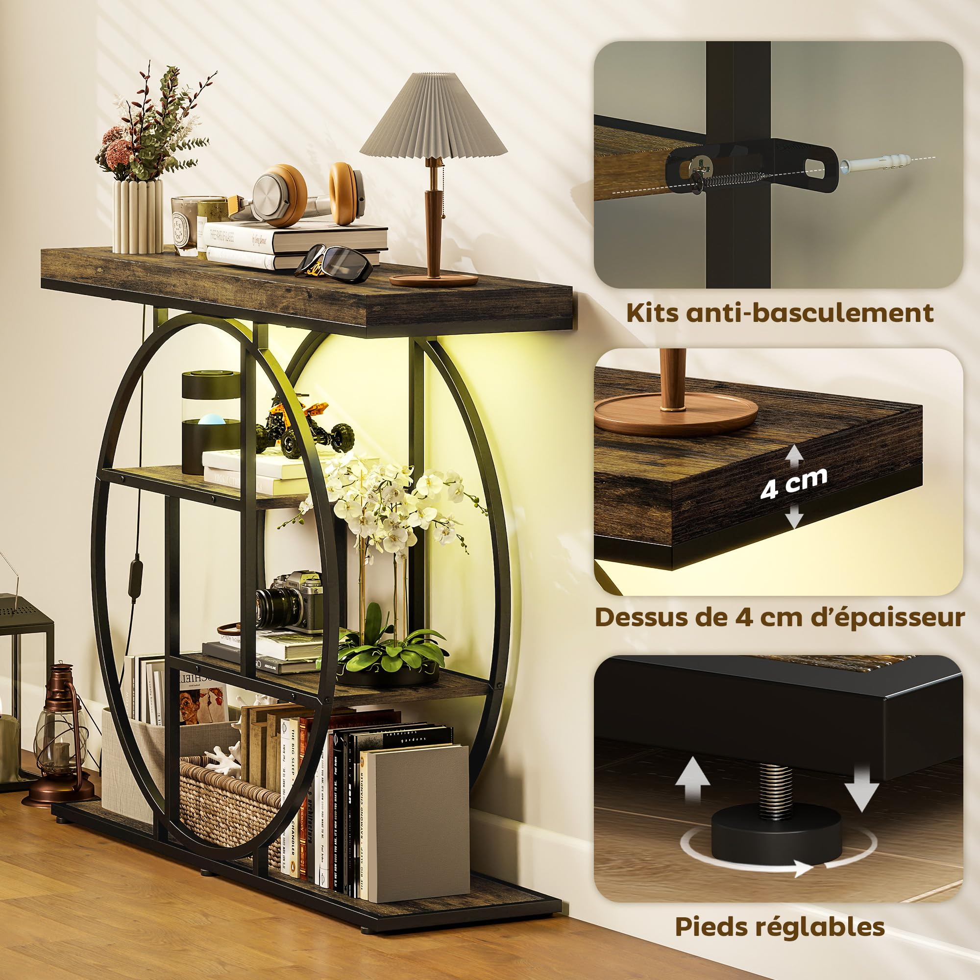 HOMCOM Console meuble avec éclairage LED musique sync 100 cm, table console 4 niveaux, étagères ouvertes, cadre rond en acier, table d'entrée, salon, couloir, style industriel, marron rustique et noir