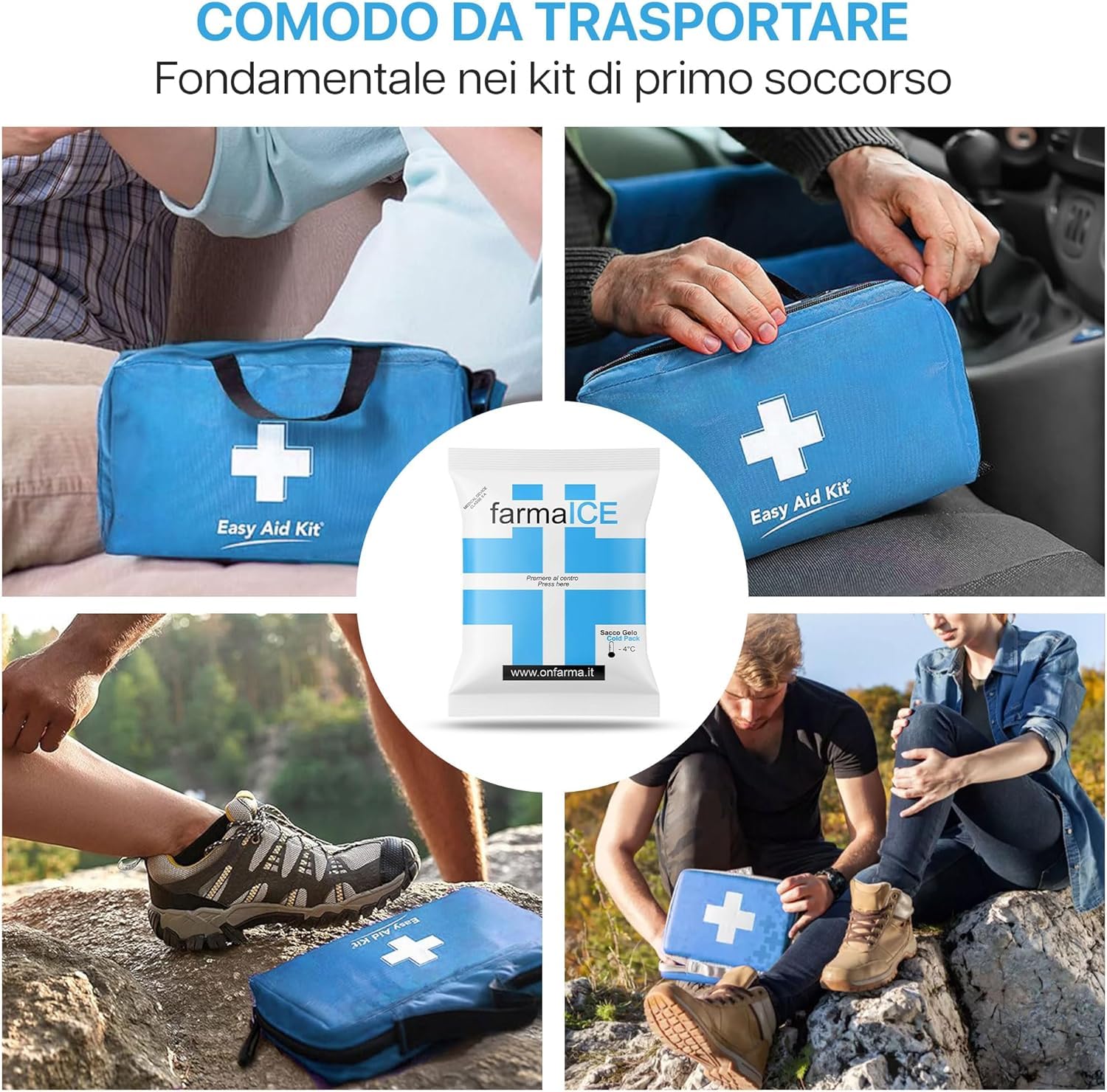 OnFarma FARMA ICE GHIACCIO IN BUSTA ISTANTANEO 20 PEZZI + TASCA PORTAGHIACCIO, Ghiaccio secco Sintetico per Traumi, Sport e Crioterapia, Pronto Uso.
