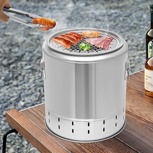 Miniatura 9 de Parrillas de carbón, 13.39 x 14.17 pulgadas, barril de barbacoa de acero inoxidable, parrilla portátil de carbón, cubo de barbacoa de gran