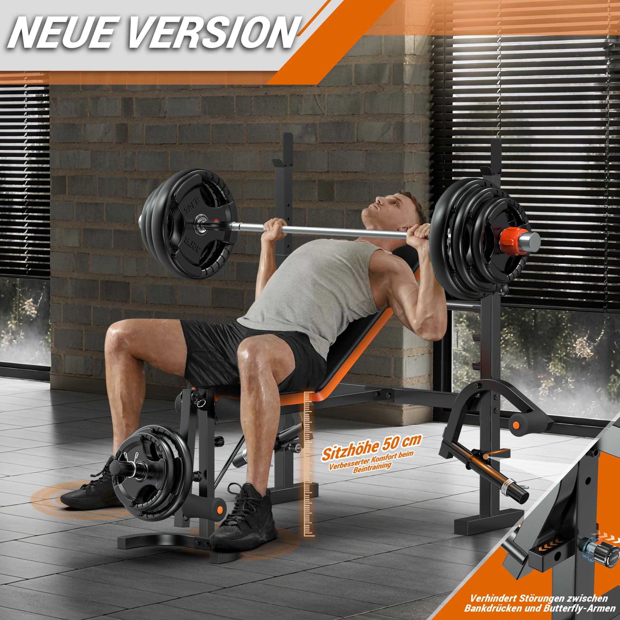XDDIAS Hantelbank Verstellbar für Zuhause, Flach-/Schrägbank mit Squat Rack,Curlpult & Beinstrecker, Langhantelbank für Krafttraining, 350 kg Belastbarkeit