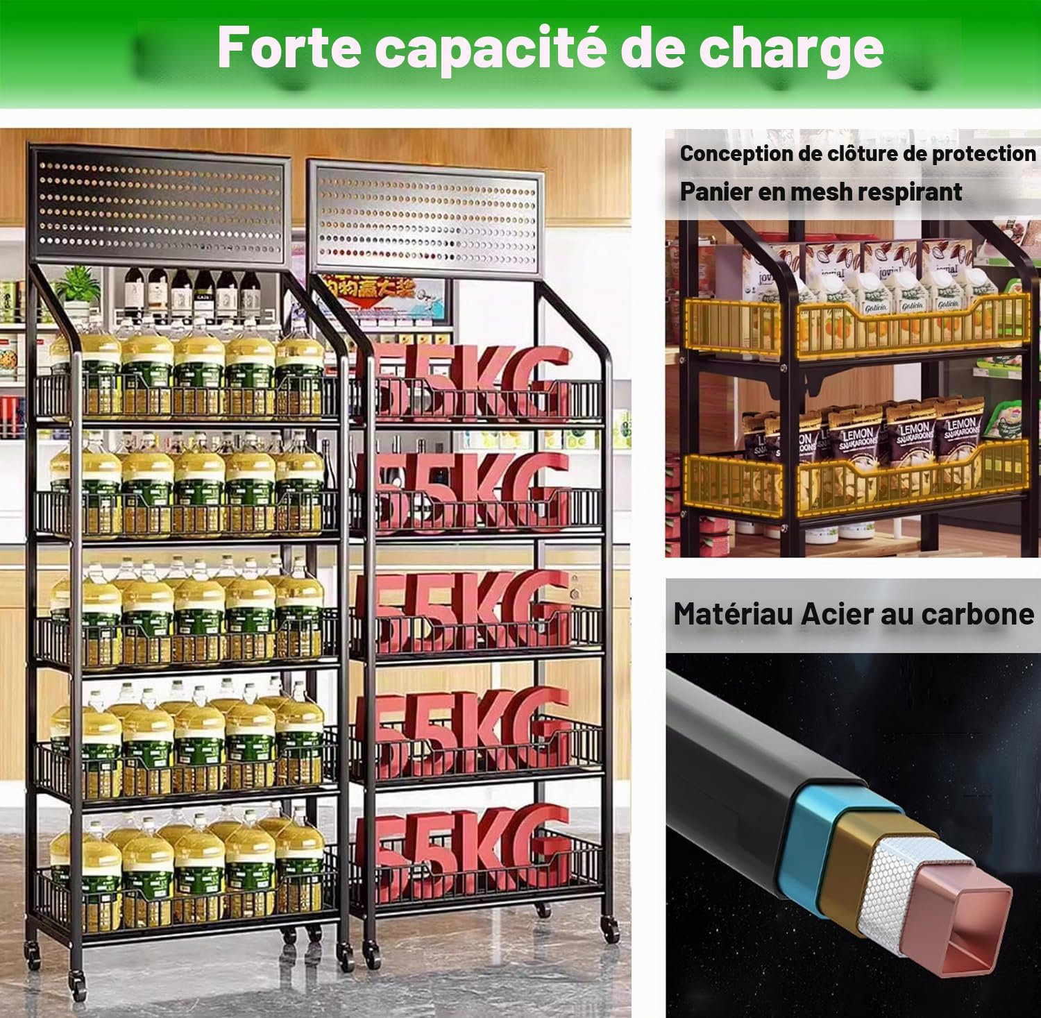 Rayon des Snacks de Supermarché, 5 Étages Étagère Snacks avec roulettes, Étagère de Présentation Au Sol pour Supermarchés, Magasins, Cuisines, Noir