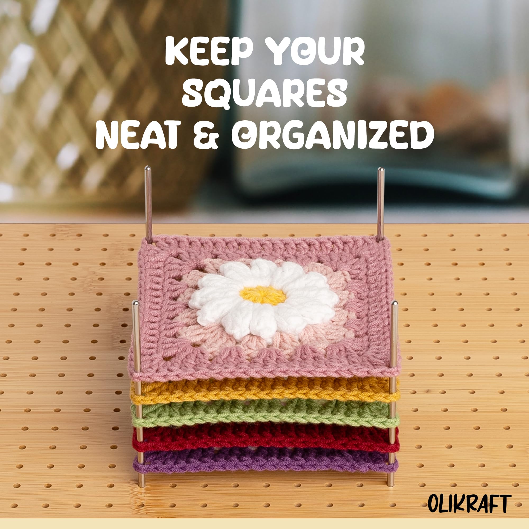 Olikraft Handcrafted Wooden Blocking Board - Excellent Gifts for Knitting Crochet and Granny Squares Lovers - Full Kit with 50 4-inches Stainless Steel Rod Pins, Stand Included (11 inches)