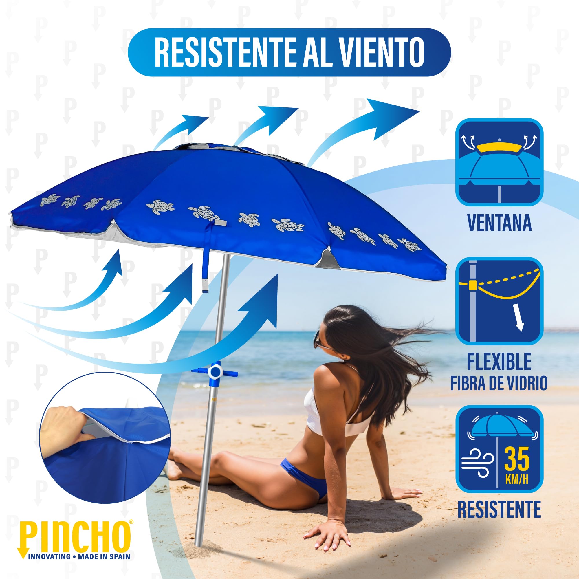 Pincho Ombrellone da spiaggia grande, 200 cm, antivento fino a 35 km/h, protezione UV50+ blocca 99% raggi UV, 8 aste in fibra di vetro, tubo in alluminio leggero, reclinabile, sistema facile, borsa
