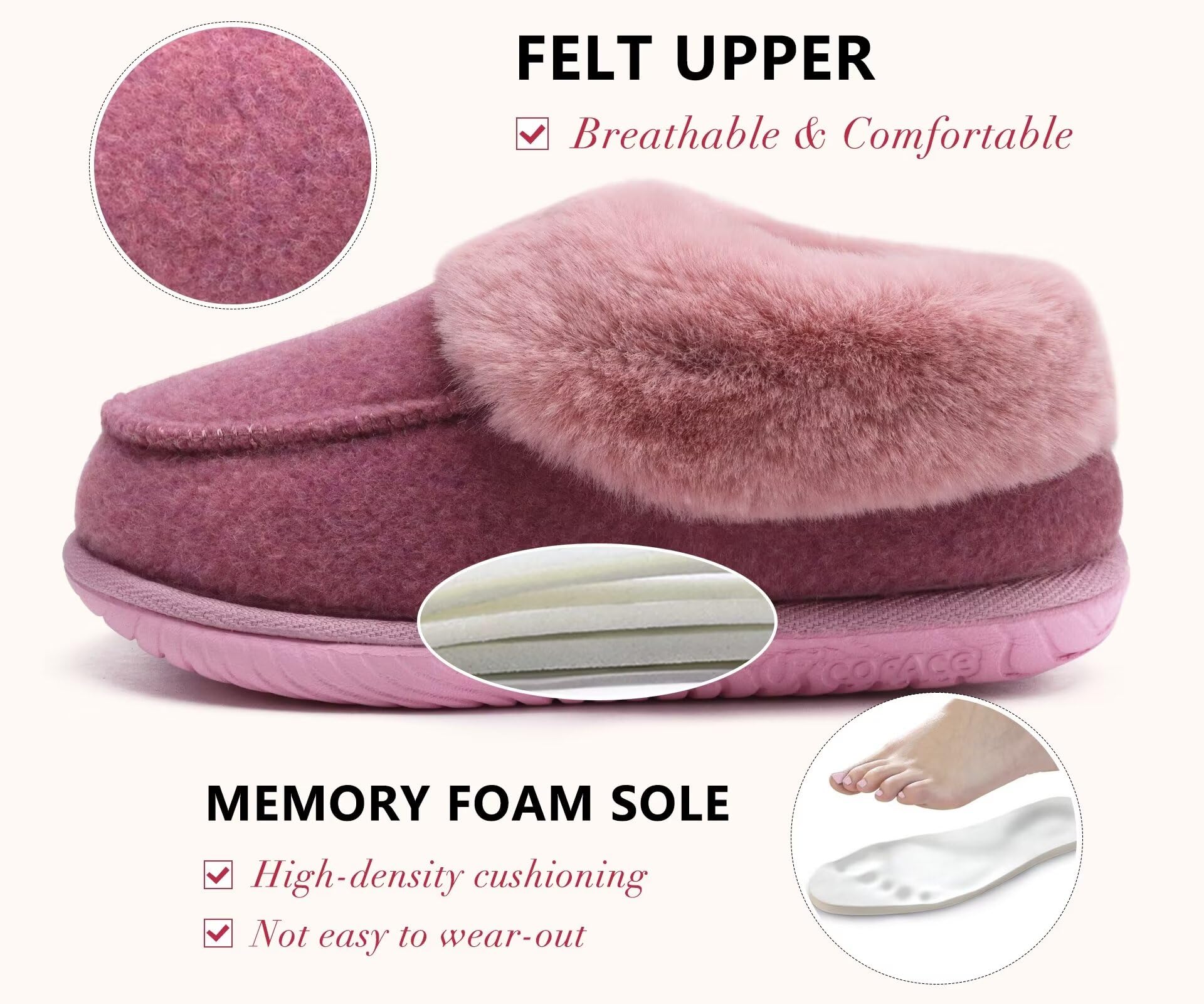 COFACE Pantofole Donna Invernali Peluche Pelle Pantofola Chiuse Calde Feltro Ciabatte da Casa Comode Memory Foam Slippers Antiscivolo Suola