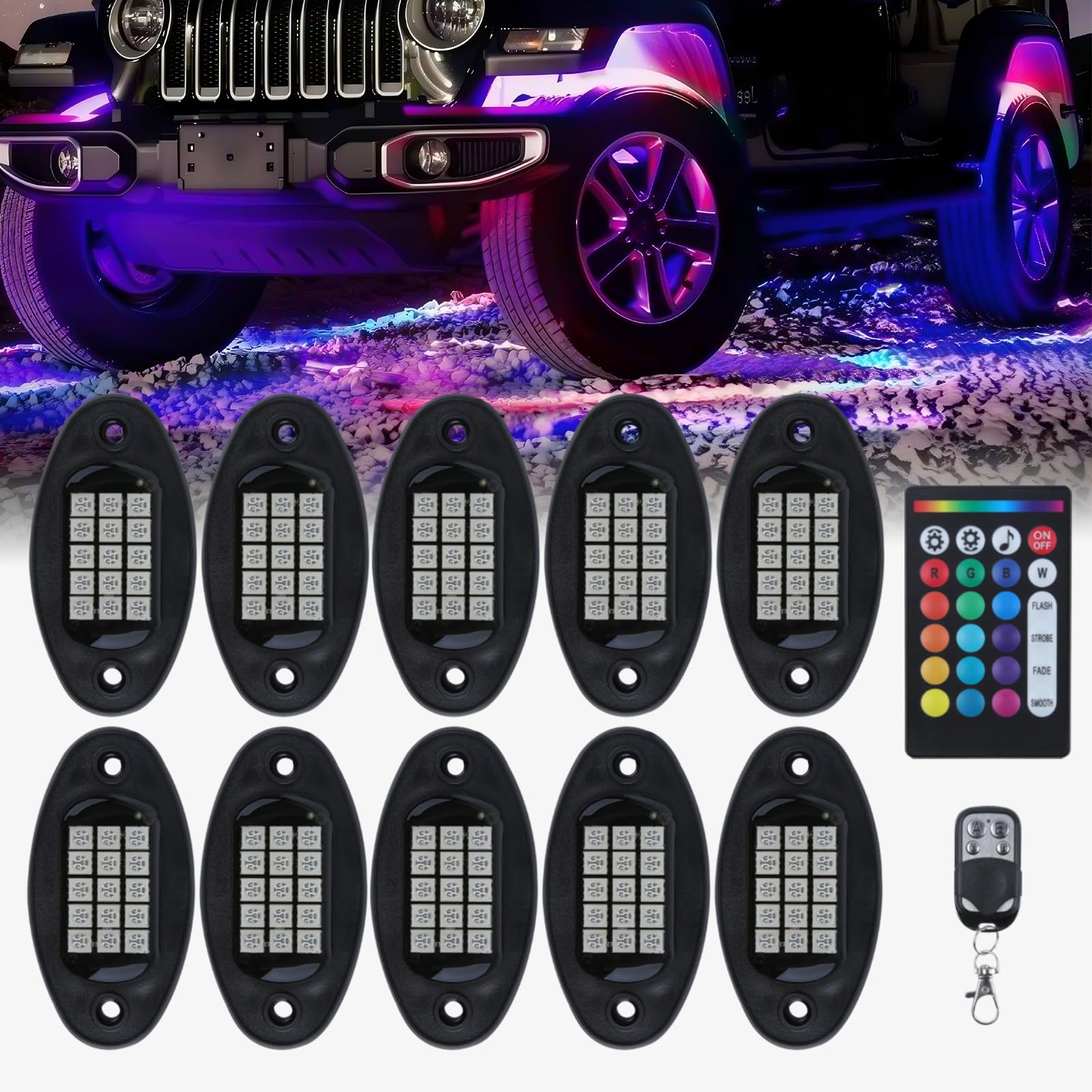 10 Pods RGB LED Rock Light, 60 LED de Alto Brillo Kit de neón a Prueba de Agua de la luz del Coche con Control de App/RF luz de la Roca de 16 Millones de Colores para SUV vehículos Todo Terreno