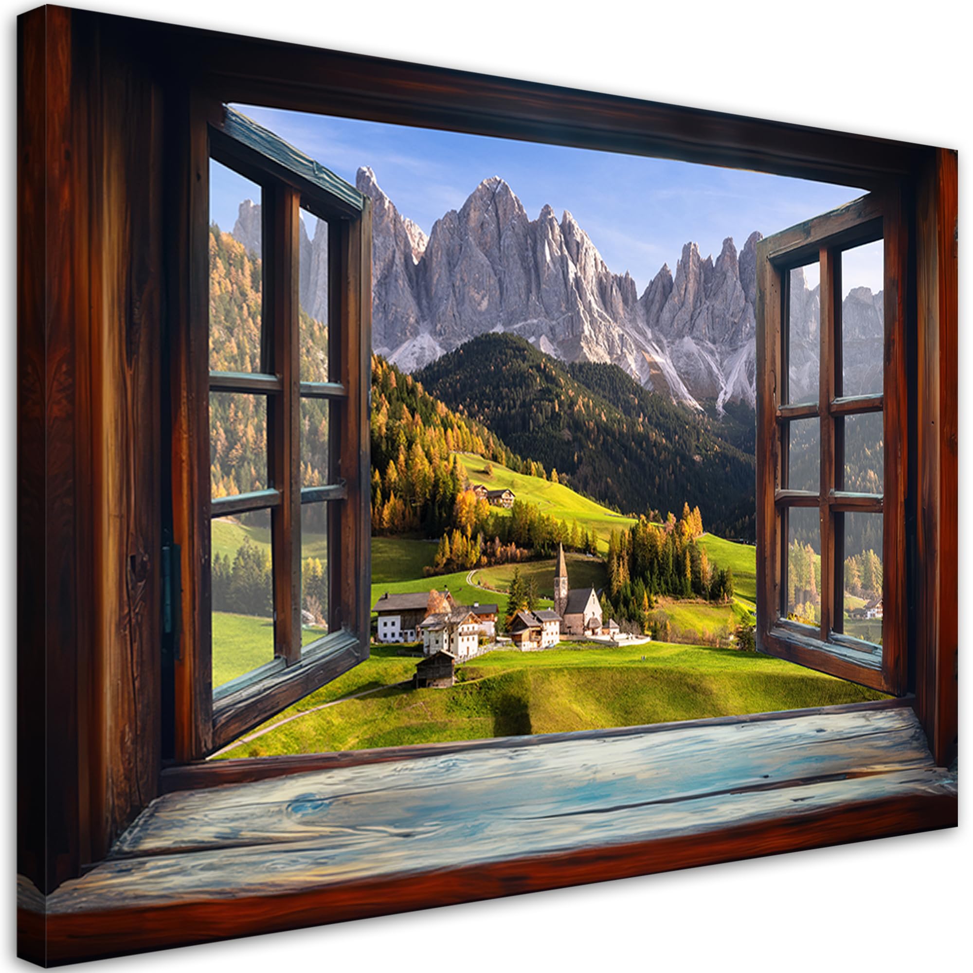Feeby Leinwand Bilder - Bild Wohnzimmer - Fensterblick Berge Landschaft - 120x80 1tlg - Deko Schlafzimmer Groß - Dekoration Canvas - Gemälde - Modern Wandbilder - Kunstdruck