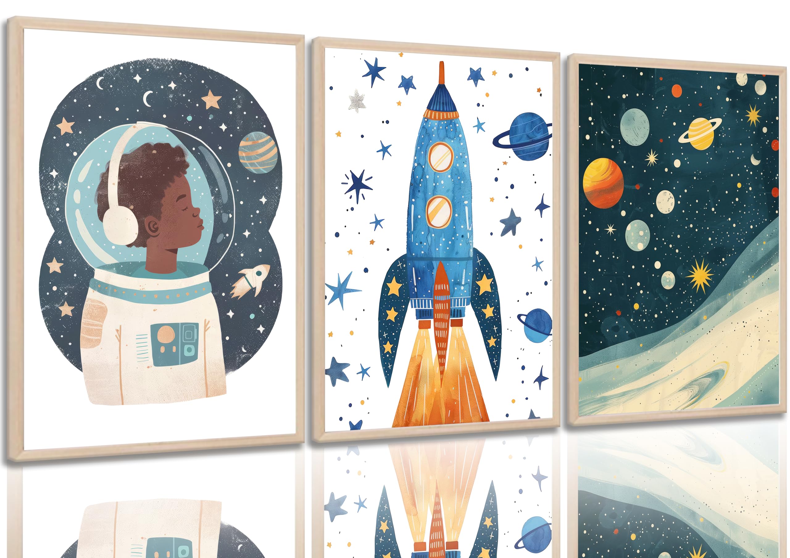 ELGRJJGW 3pcs Space Wall art Nursery Astronaut Wall Decor Boy Rocket Planets Poster Whimsical in Space Adventure Canvas Prints Pictures for Boys Kids Bedroom Living Home Decoration (12x16in Poster)