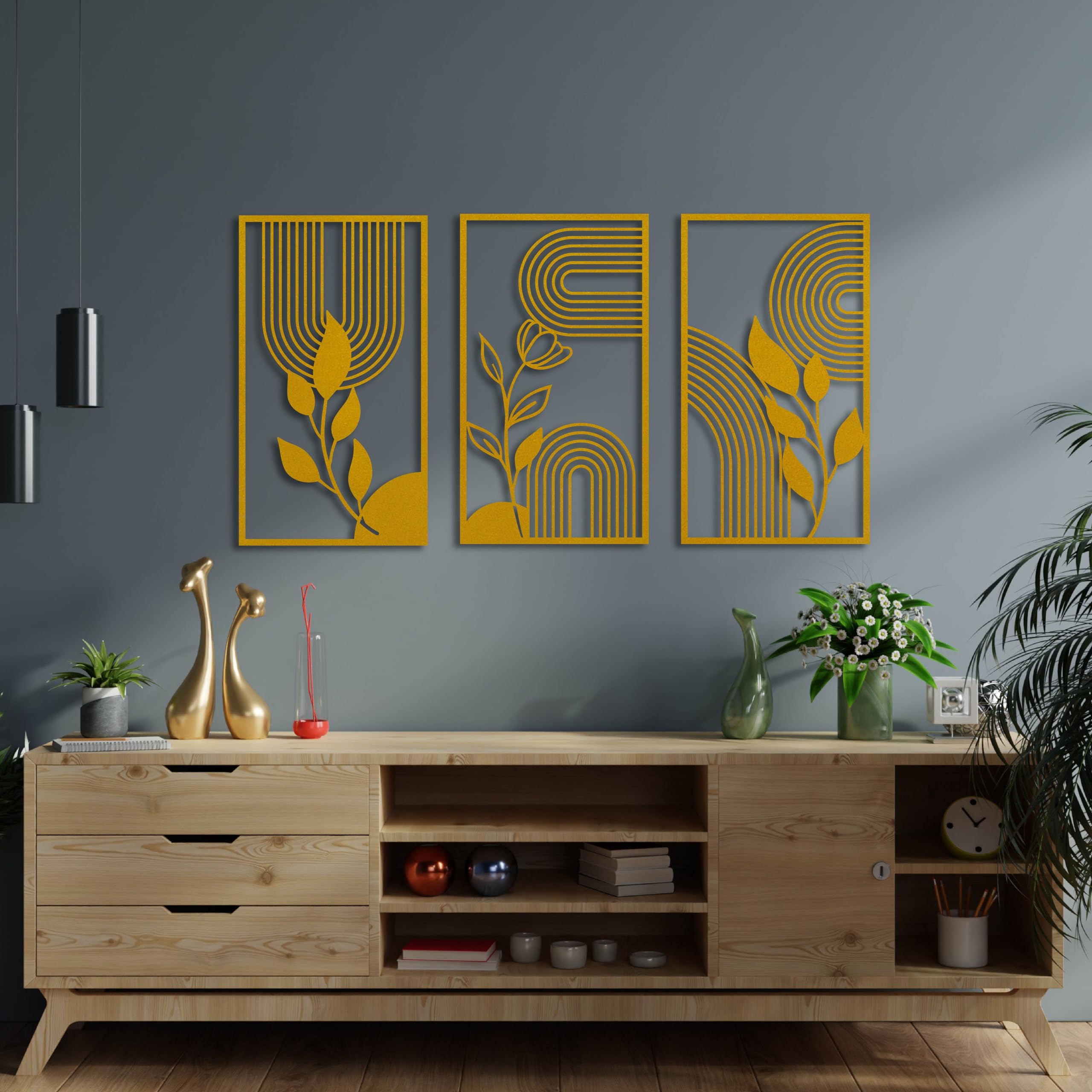 KAWA METALWORKS Moderne Metall-Wandkunst, florale Mitte des Jahrhunderts, moderne Wanddekoration über dem Bett, Blättern und Blumen, Boho-Wandkunst, ästhetisches Geschenk für Zuhause