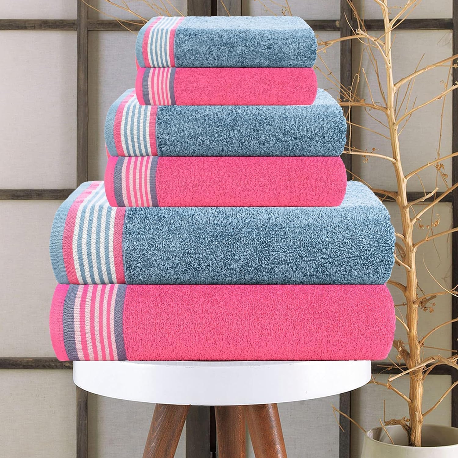Casa Copenhagen 6-teiliges Badehandtuch-Geschenkset, 600g/m², Staubblau+Altrosa